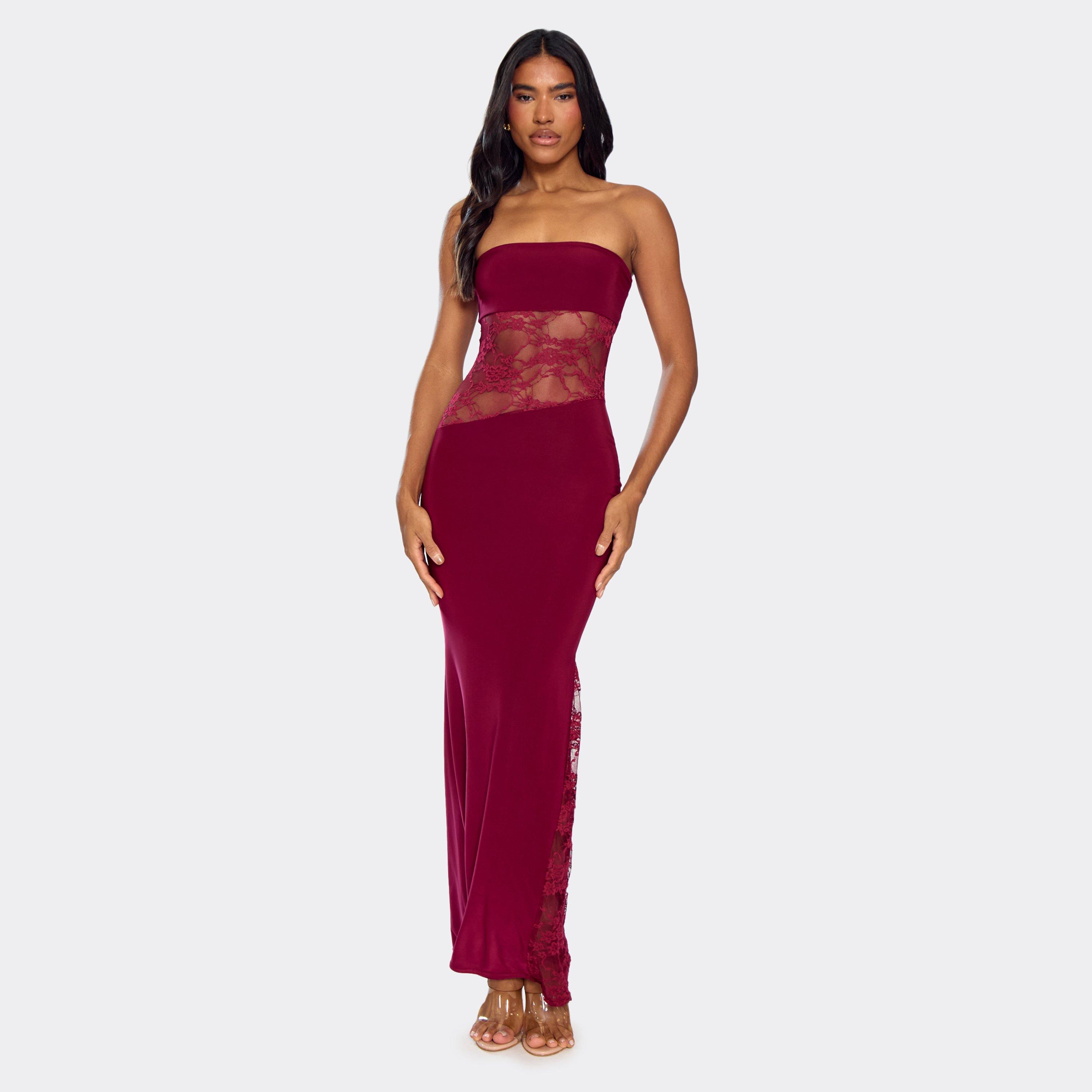 Bandeau Contrast Lace Cut Out Detail Maxi Dress In Burgundy, Women’s