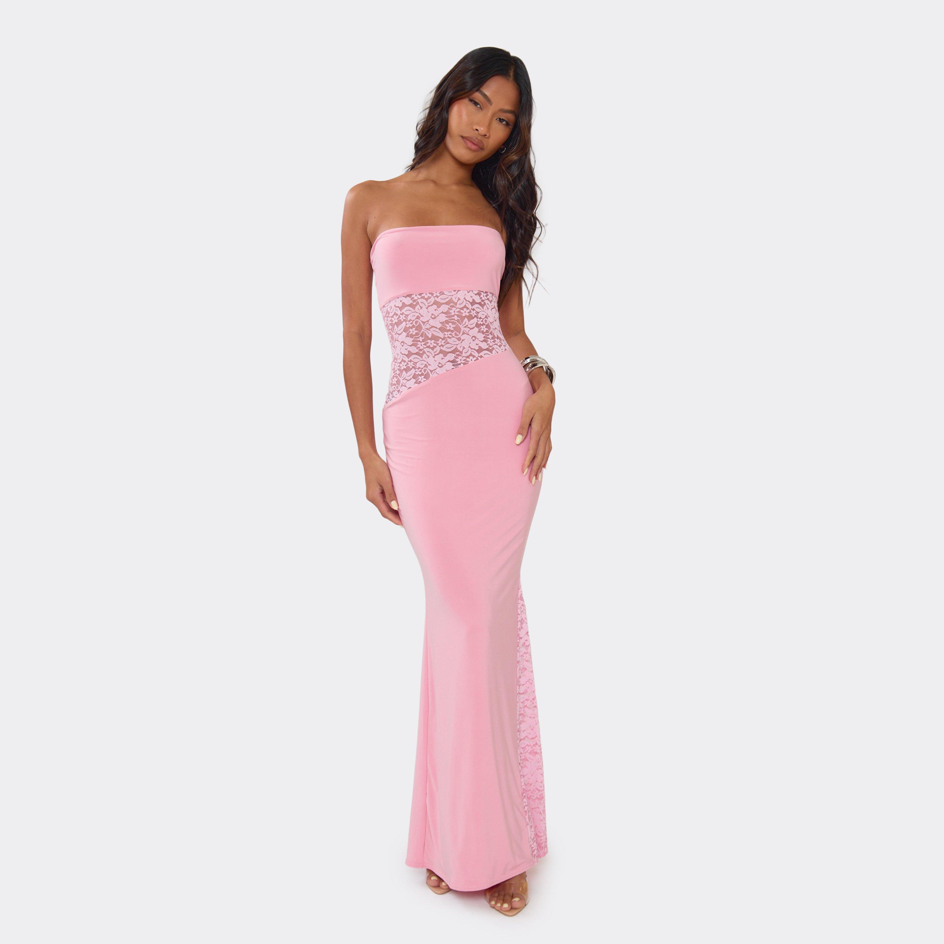 Bandeau Contrast Lace Cut Out Detail Maxi Dress In Pink, Women’s