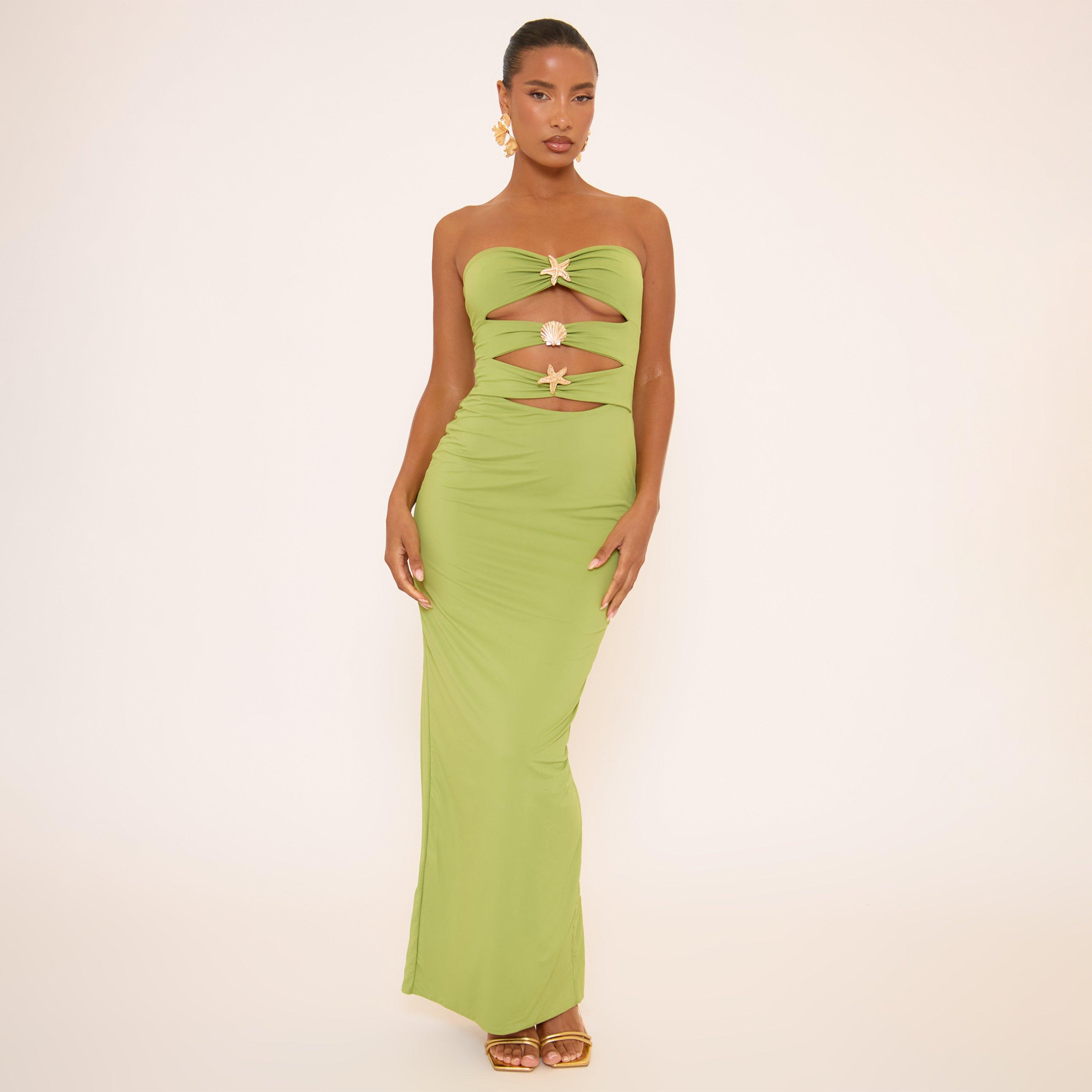 Bandeau Cut Out Multi Trim Detail Maxi Dress In Green, Women’s