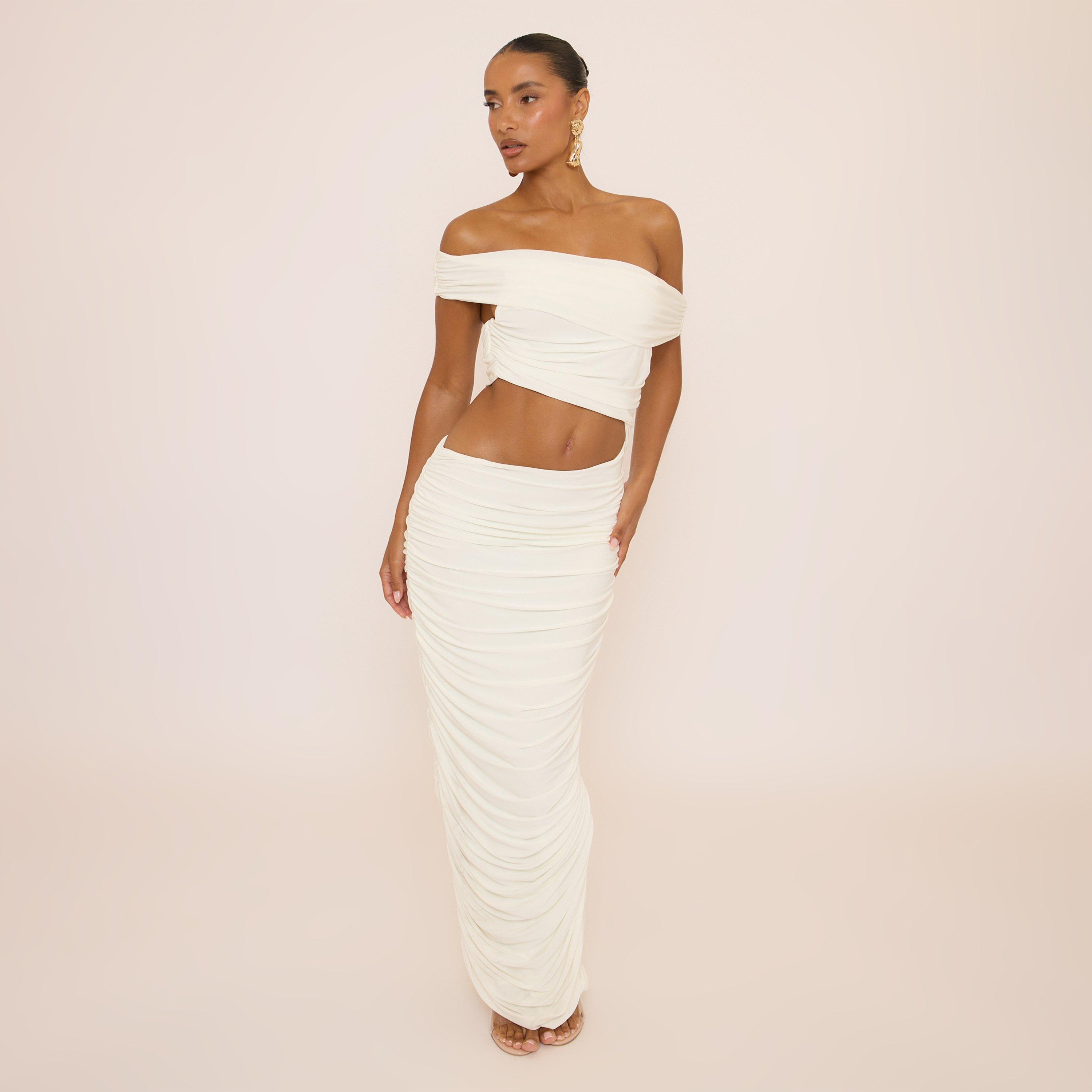 Bardot Asymmetric Ruched Cut Out Maxi Dress In White, Women’s