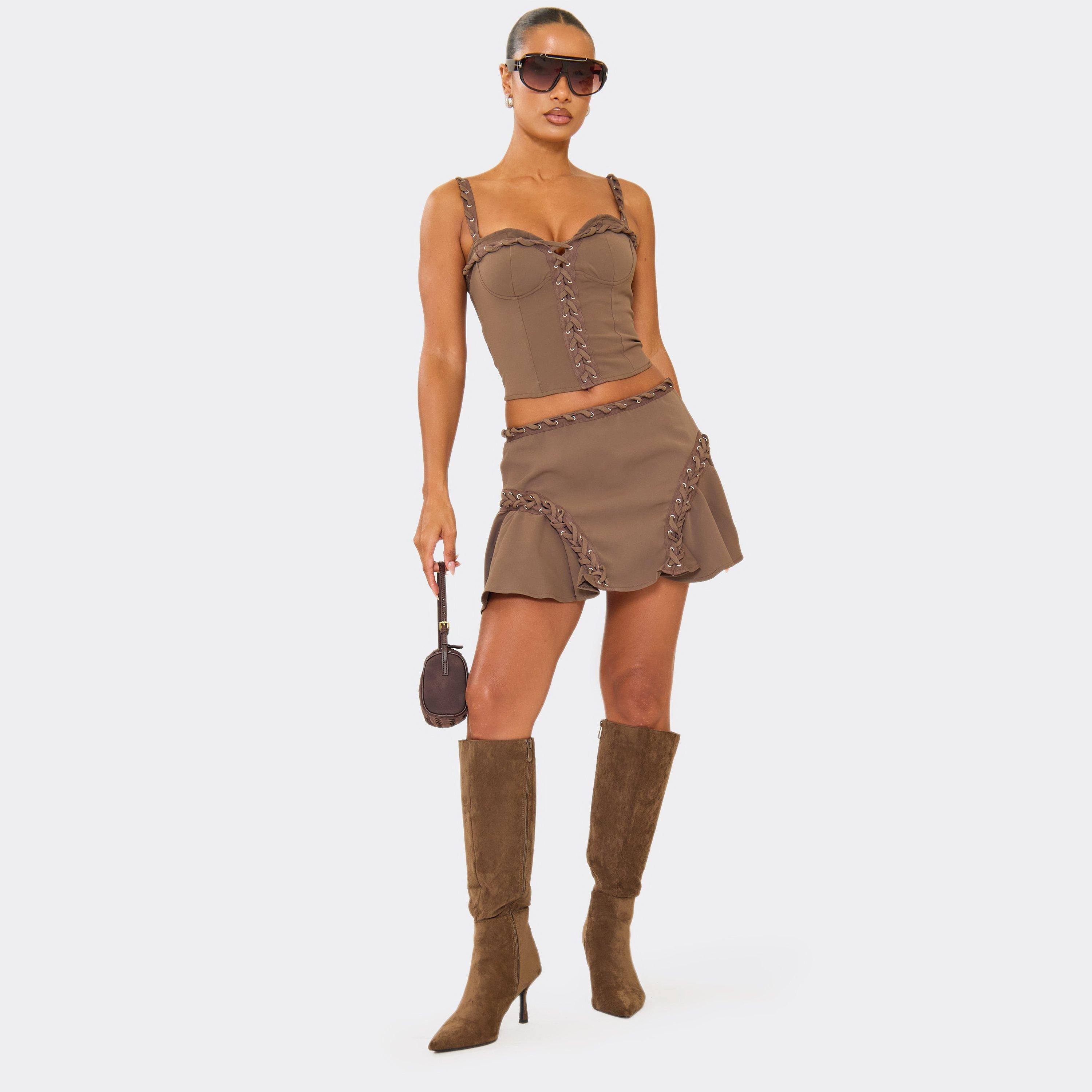 Mid Rise Frill Side Eyelet Lace Up Detail Mini Skirt In Brown, Women’s
