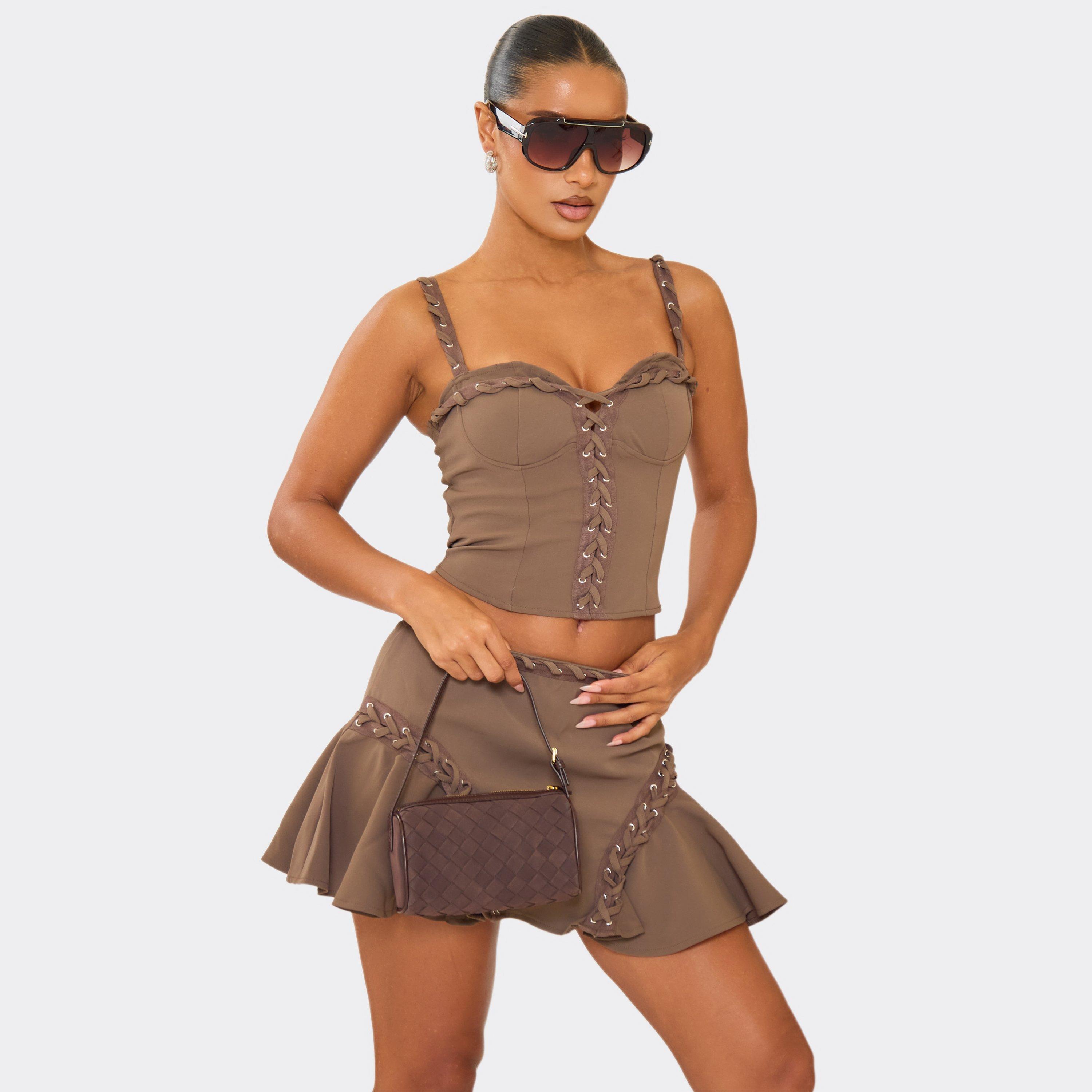 Strappy Eyelet Lace Up Detail Corset Top In Brown, Women's Size UK 10