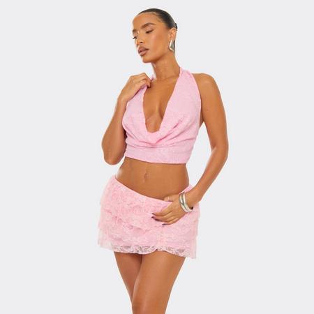 Cowl Halterneck Tie Back Top In Pink Lace, Women's Size US