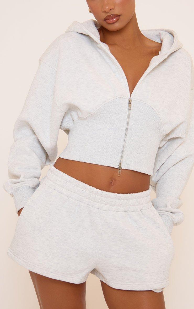 Long Sleeve V Neck Double Zip Cropped Hoodie In Grey | EGO US | EGO