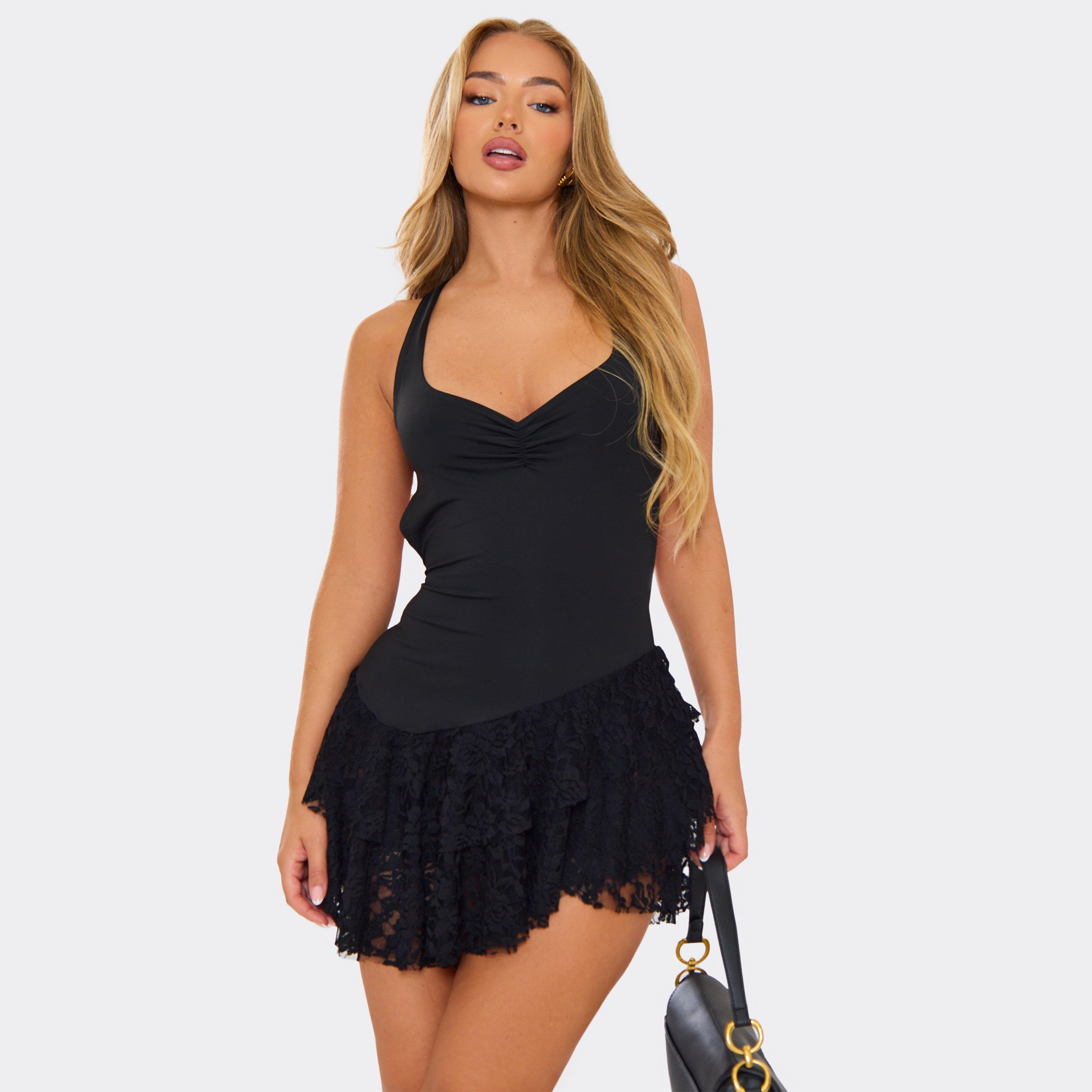 Sweetheart Neck Ruched Bust Skirt Panel Mini Dress In Black Lace, Women's Size UK S