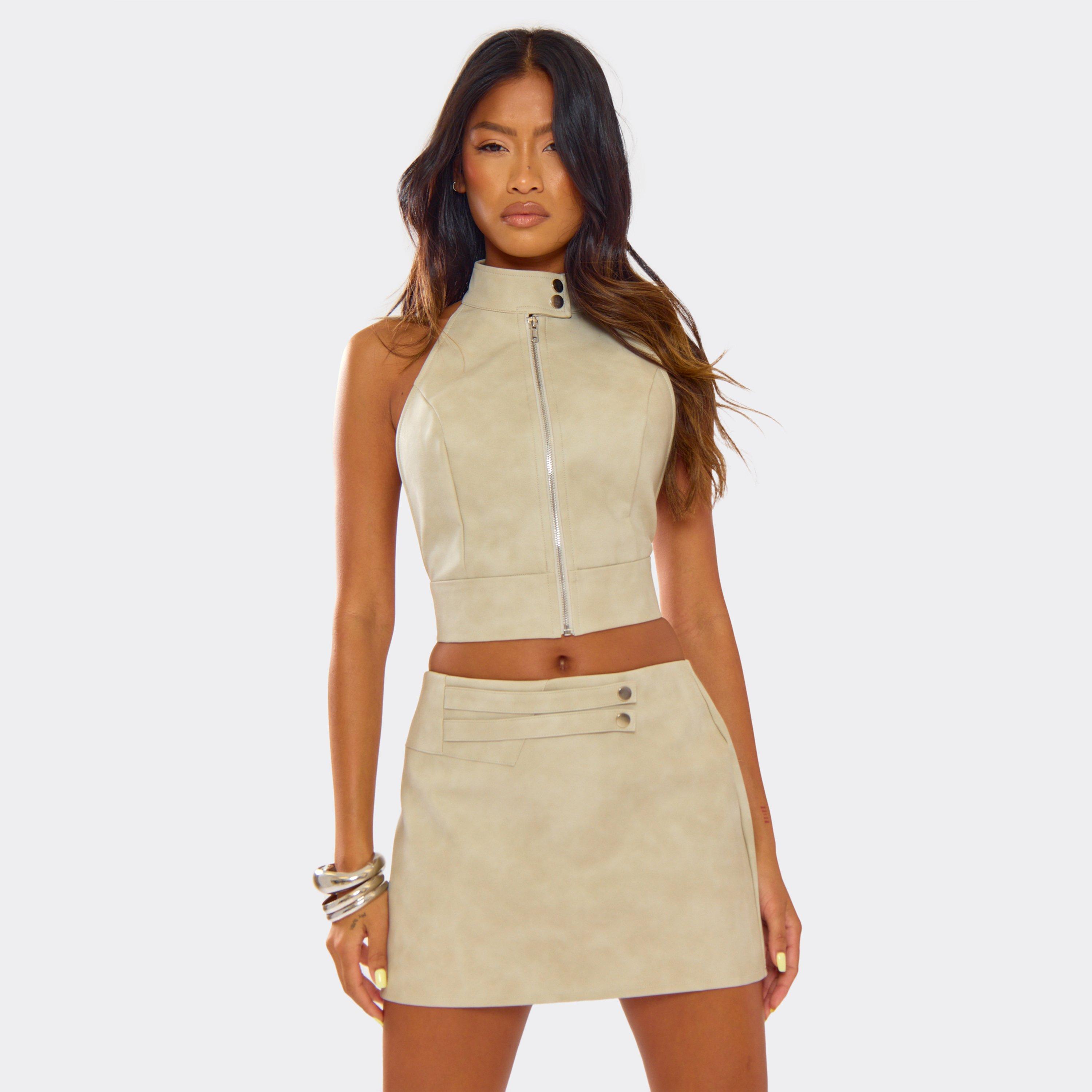 Image of High Neck Zip Front Open Back Top In Stone, Women's