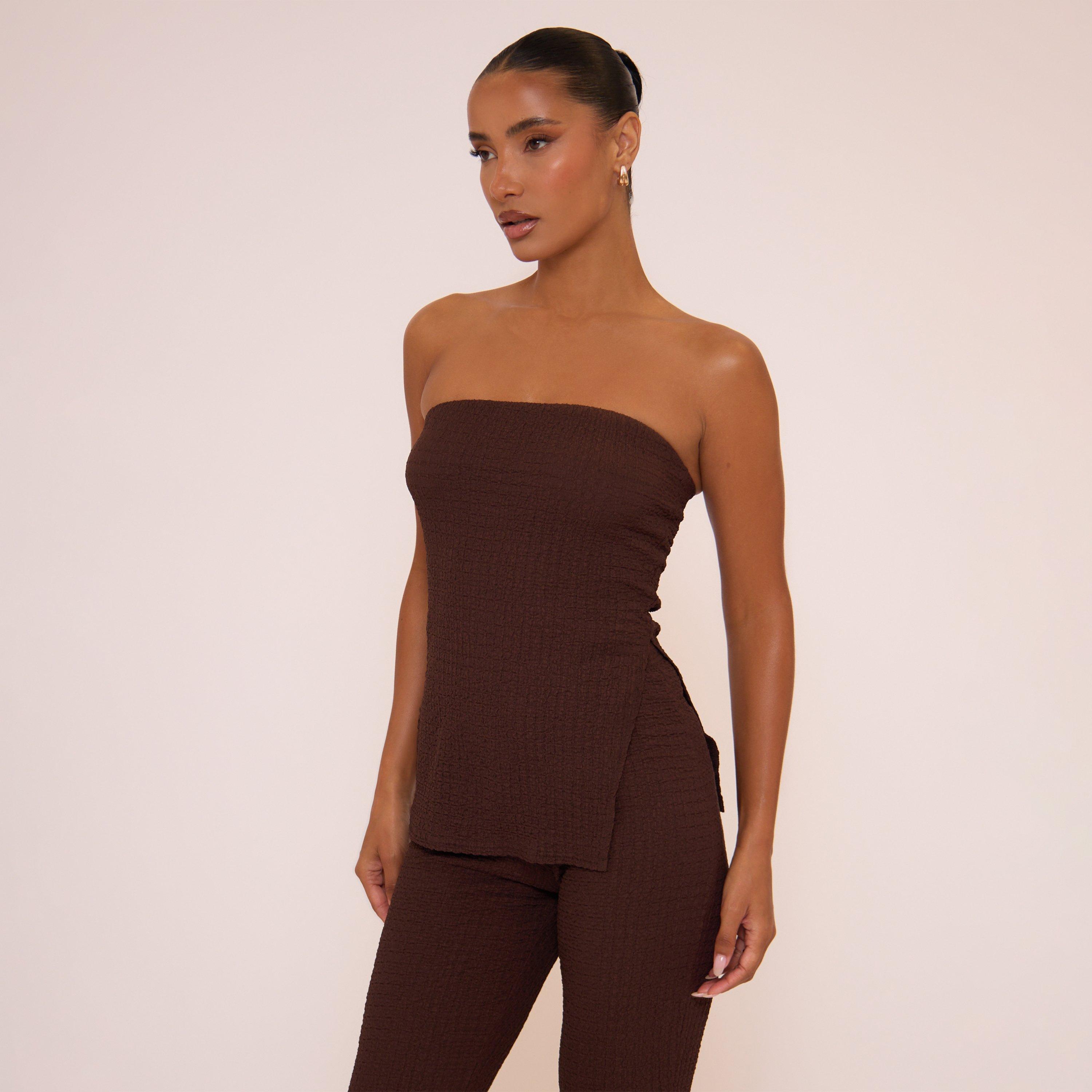 Image of Bandeau Split Side Detail Longline Top In Brown Texture, Women's