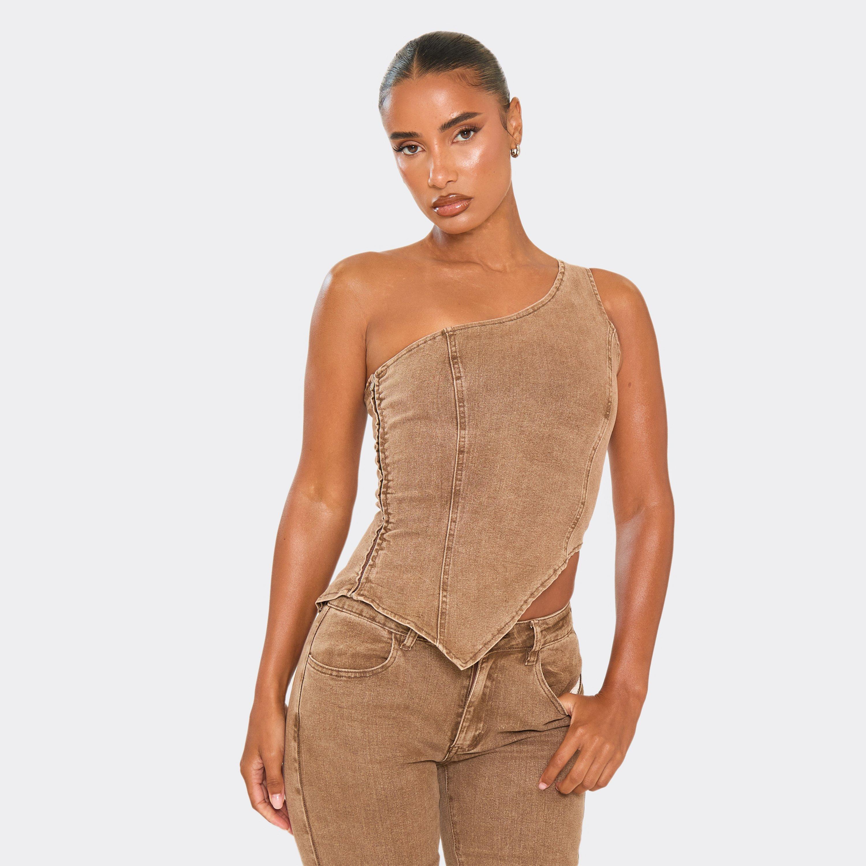 Image of One Shoulder Asymmetric Hem Fitted Top In Washed Brown Denim, Women's