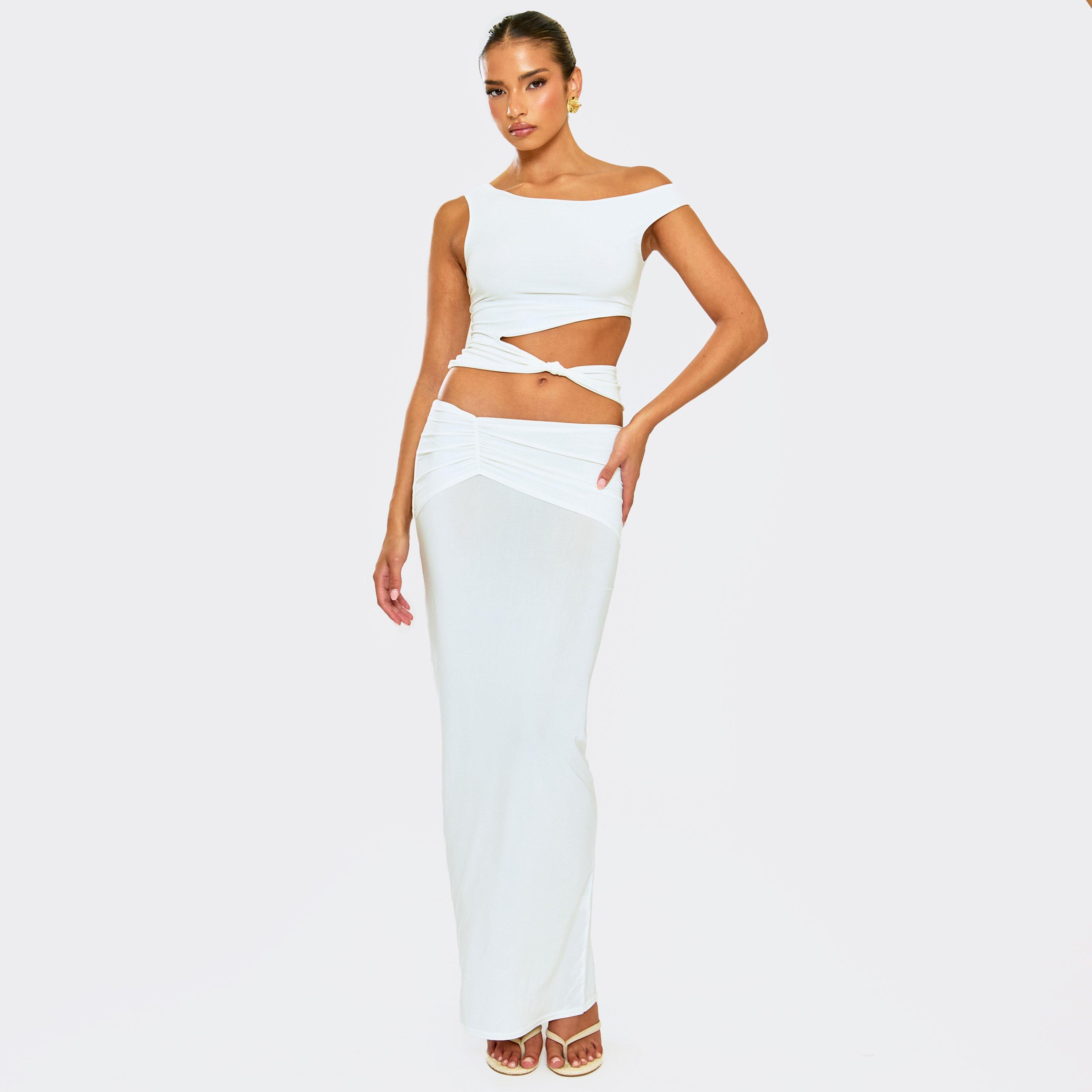 Mid Rise Ruched Detail Maxi Skirt In White, Women’s