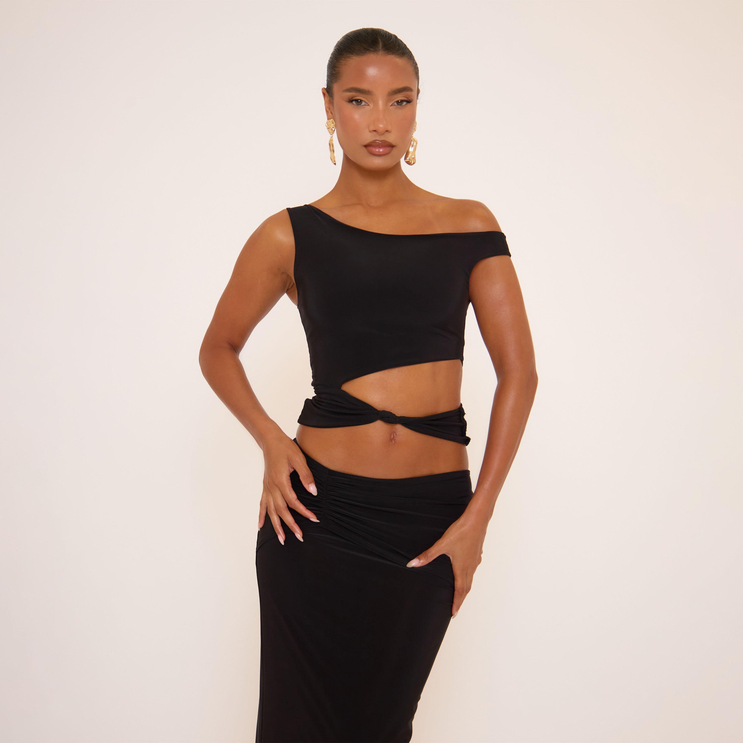 Off The Shoulder Cut Out Knot Detail Top In Black, Women's Size UK 16