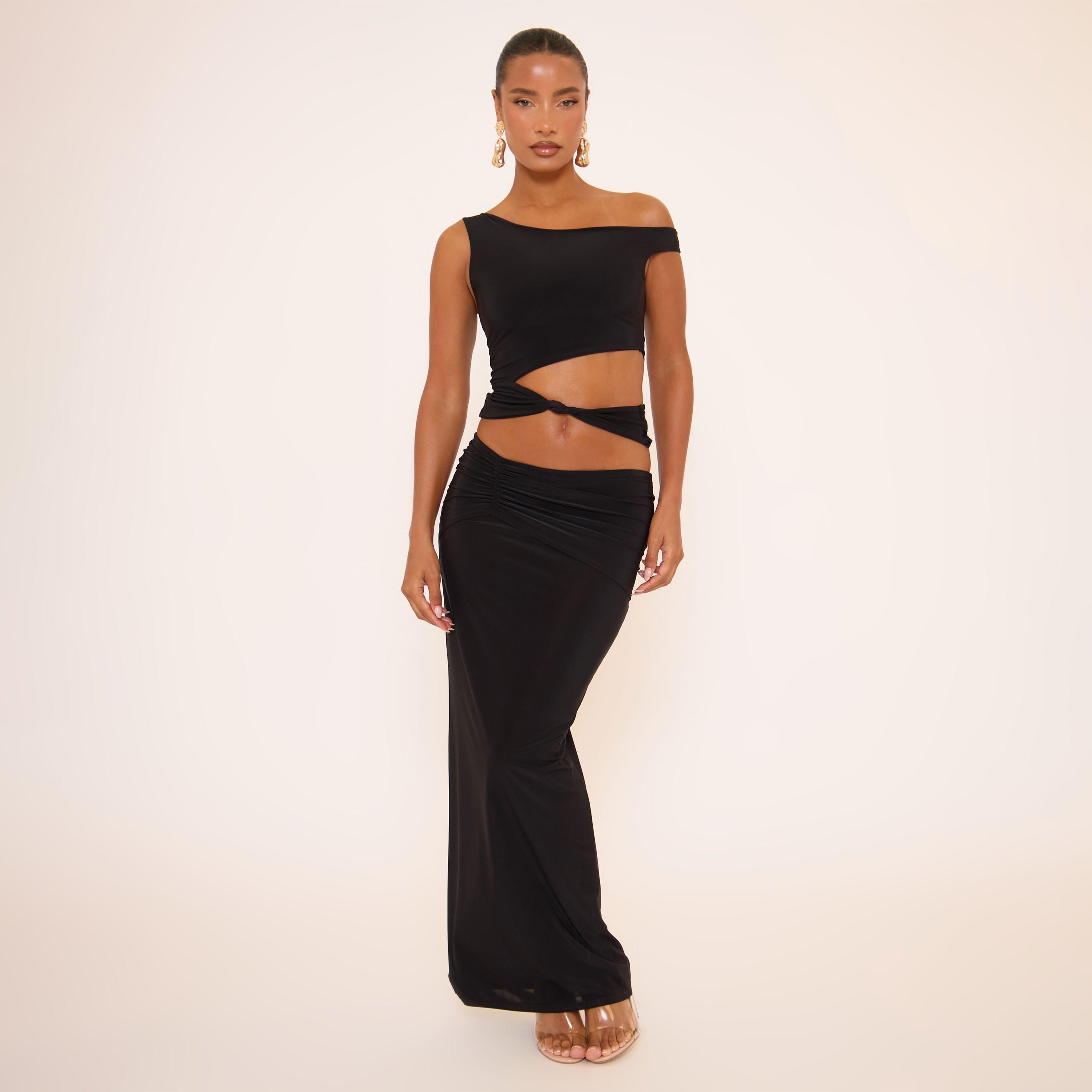 Mid Rise Ruched Detail Maxi Skirt In Black, Women’s