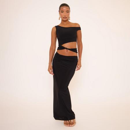 Mid Rise Ruched Detail Maxi Skirt In Black, Women's Size US