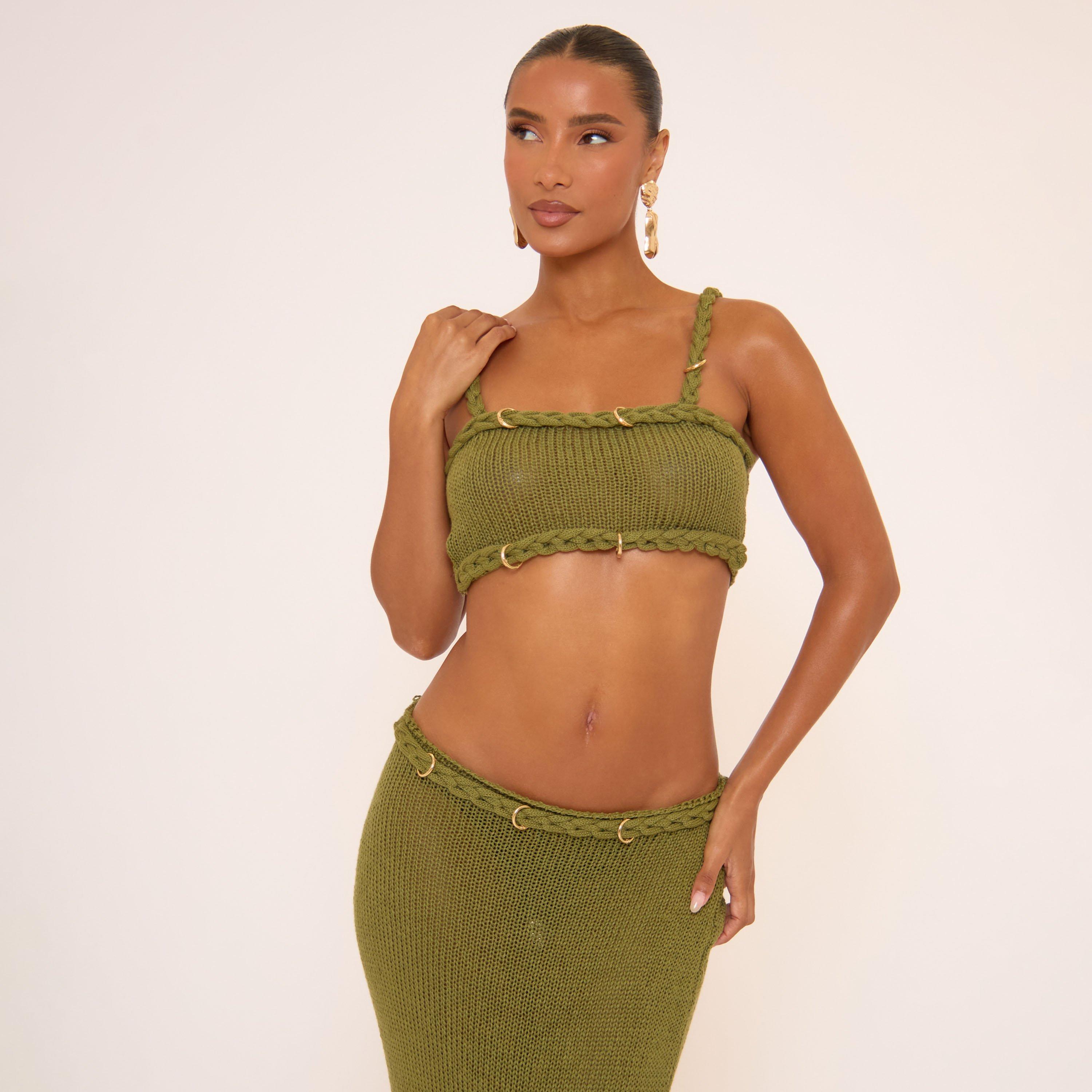 Mid Rise Gold Trim Braid Detail Maxi Skirt In Green Knit, Women’s
