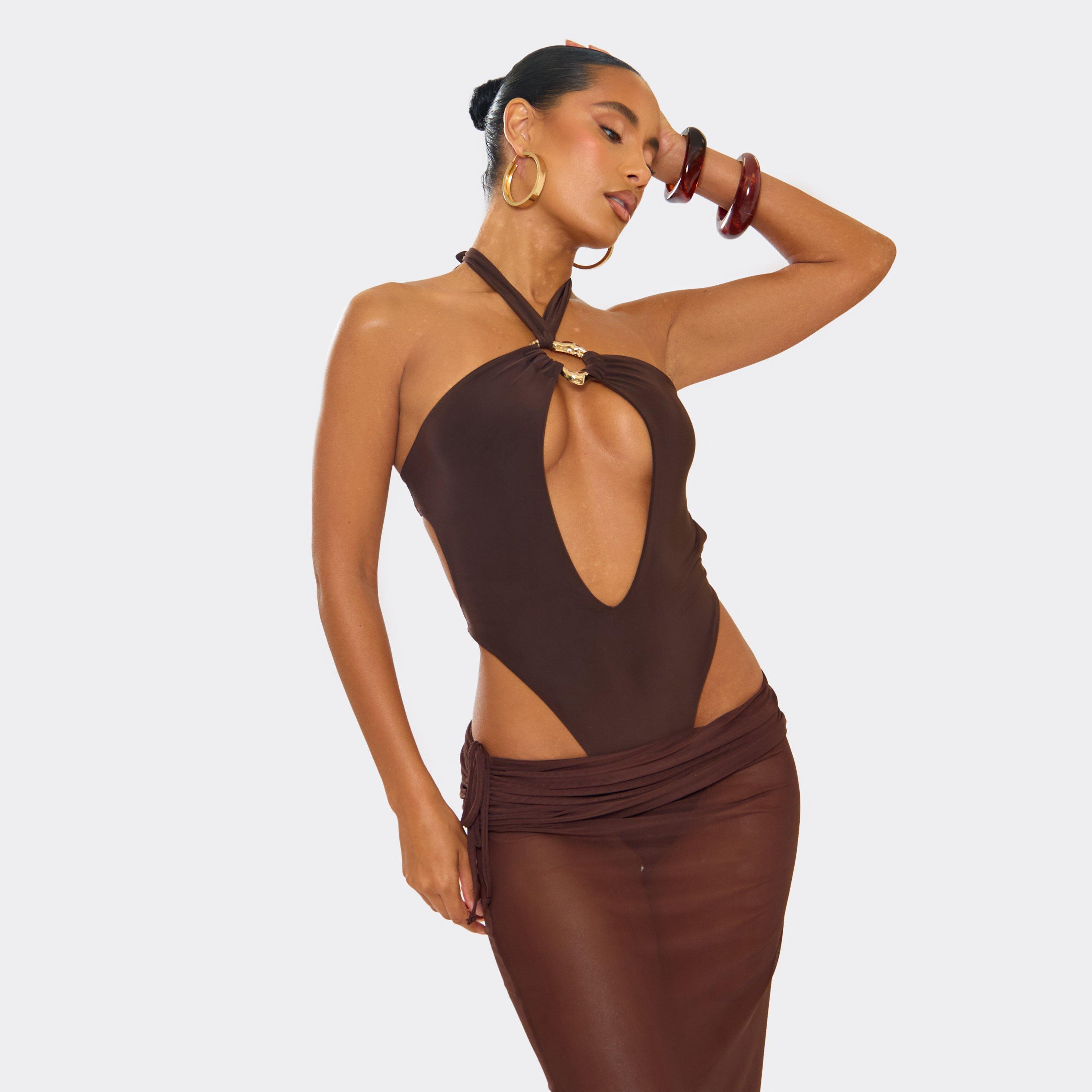 Keyhole Cut Out Trim Detail High Leg Swimsuit In Brown, Women’s