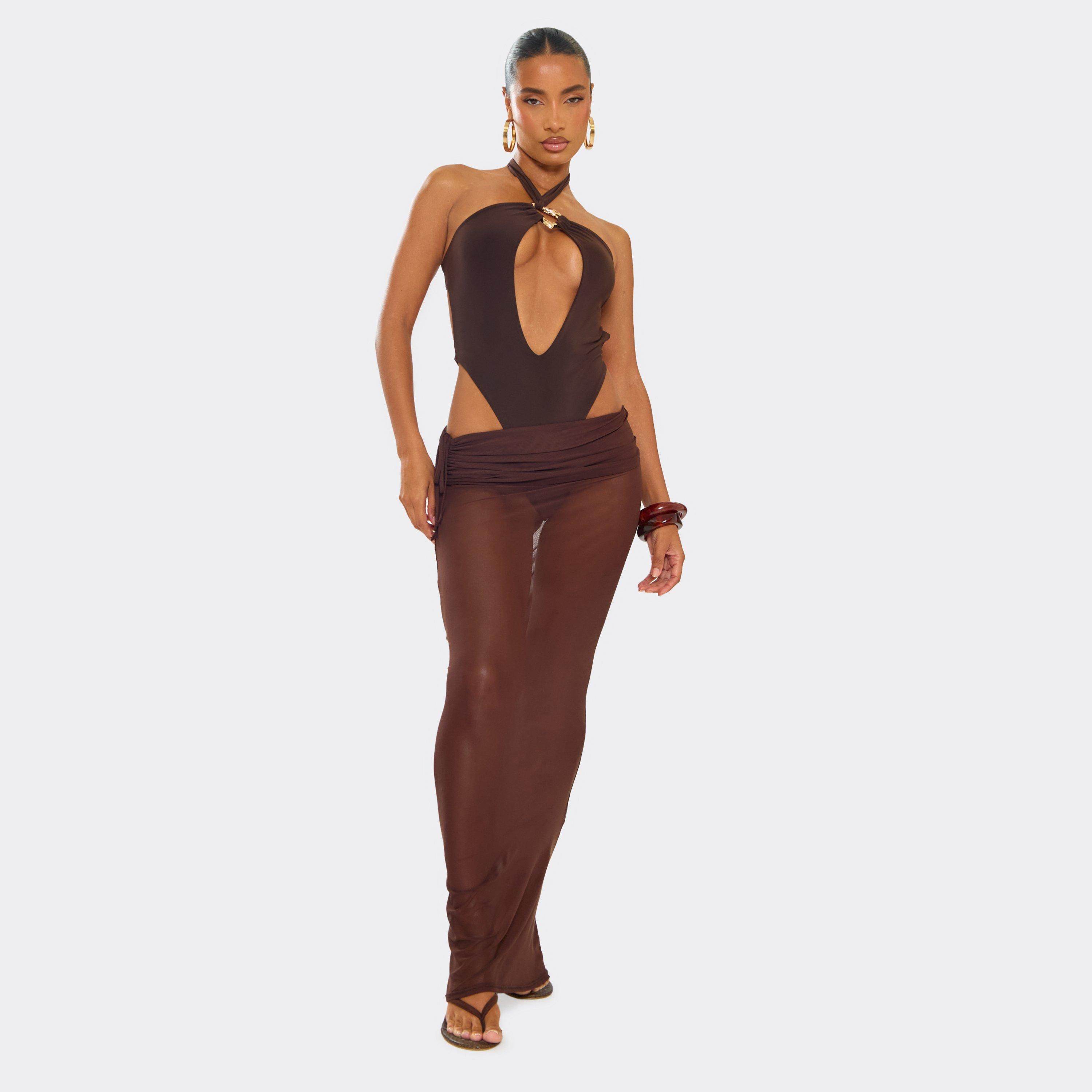 Low Waist Fold Over Tie Side Detail Ruched Maxi Skirt In Brown Mesh, Women's Size UK 6