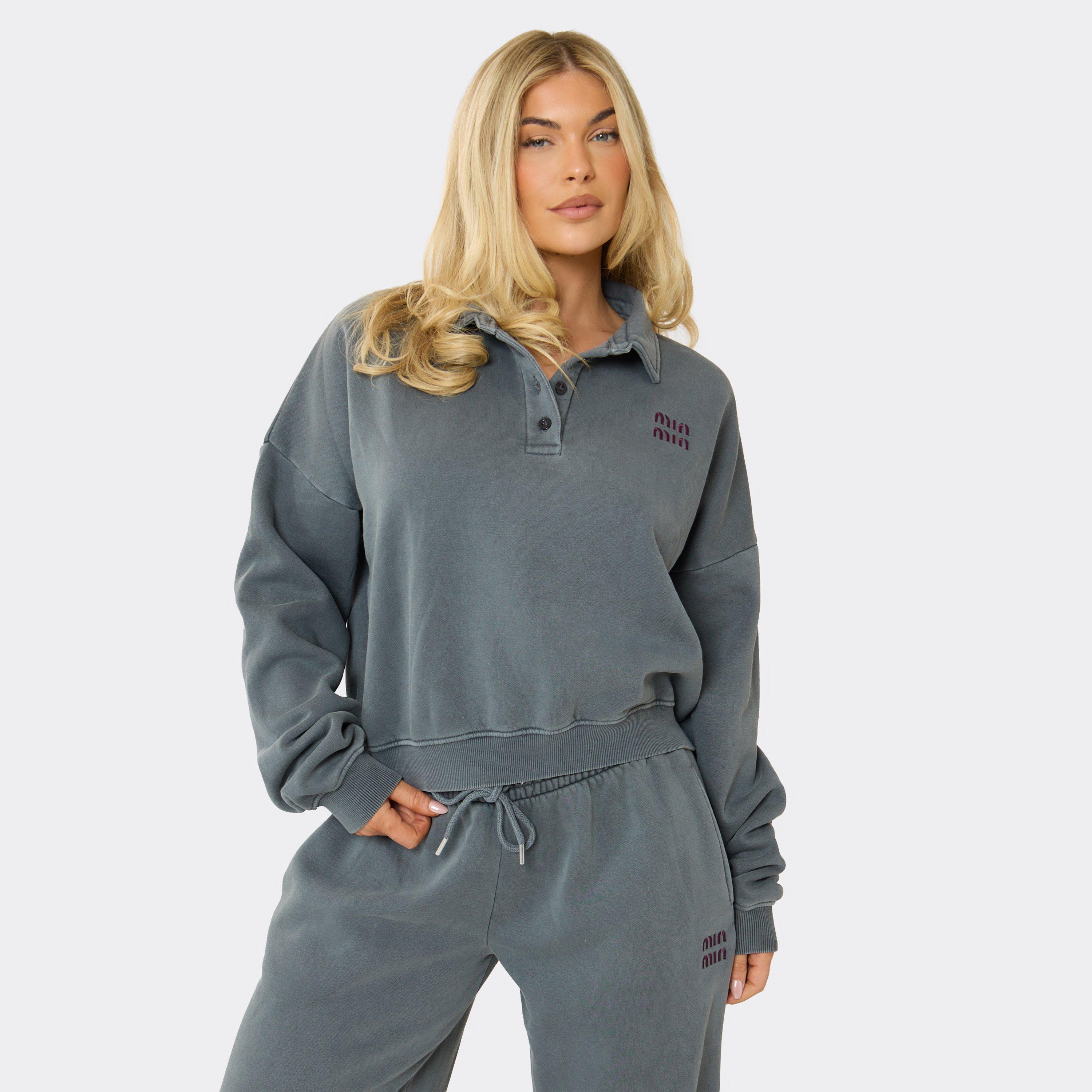 Image of Long Sleeve 'Min Min' Embroidered Graphic Polo Sweatshirt In Washed Grey, Women's