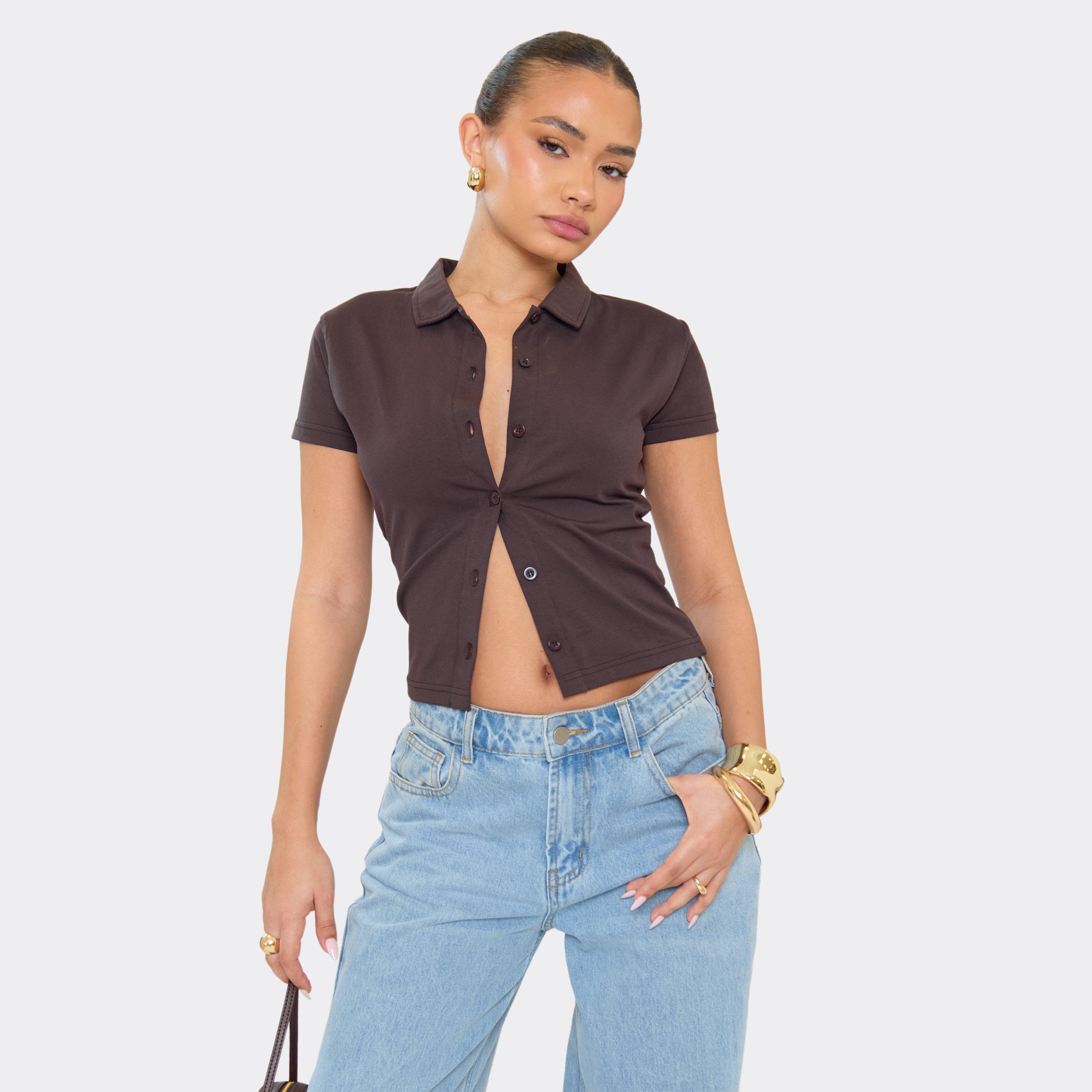 Image of Short Sleeve Button Down T-Shirt In Chocolate Brown, Women's
