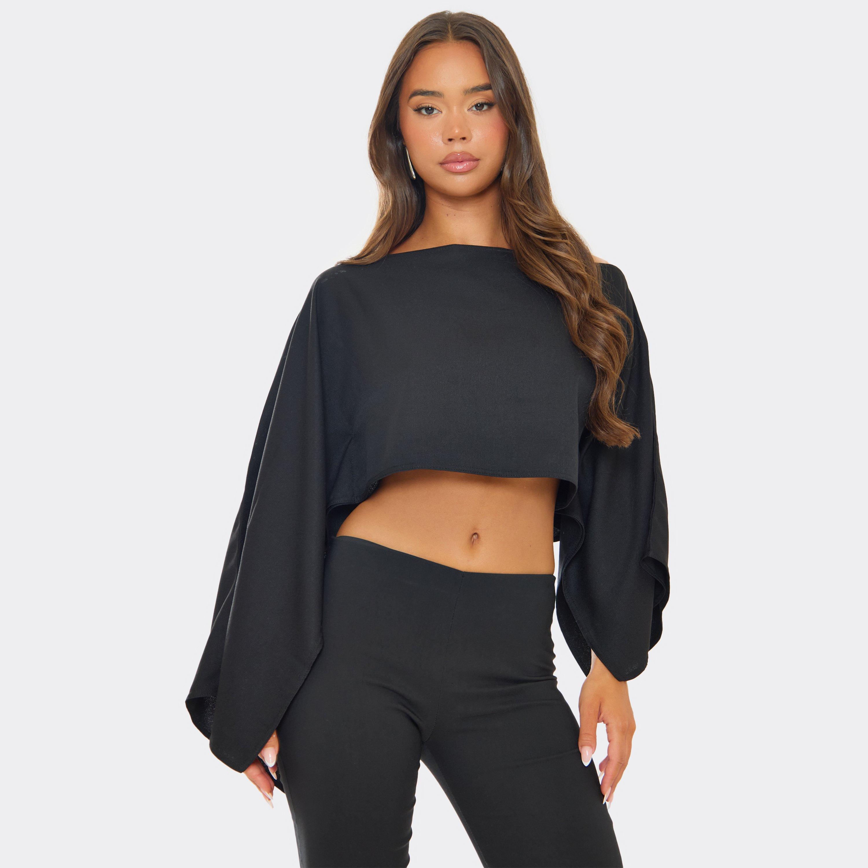 Asymmetric Neck Cape Sleeve Detail Top In Black, Women's Size UK 12