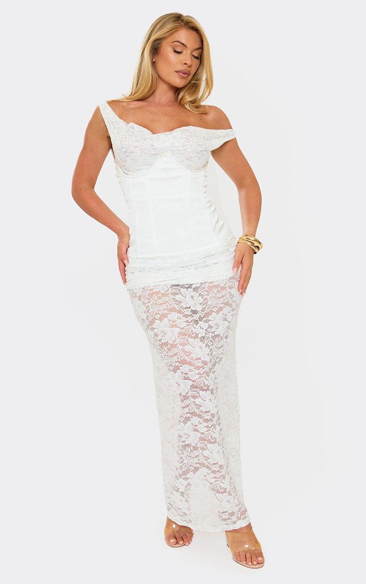 Ove The Shoulder Corset Overlay Maxi Dress In White Lace | EGO US | EGO