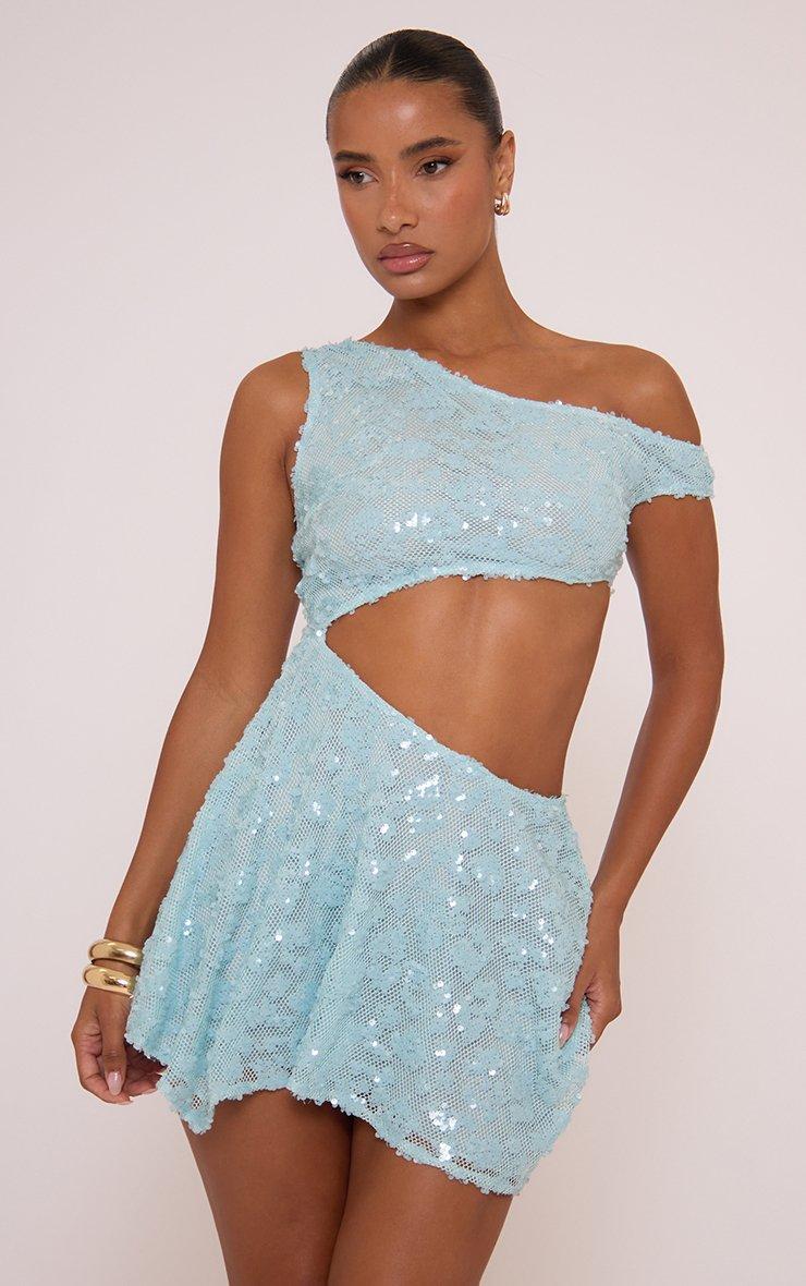 blue sequin mini dress Charming - US 4 EXTRA SMALL Off The Shoulder Cut Out