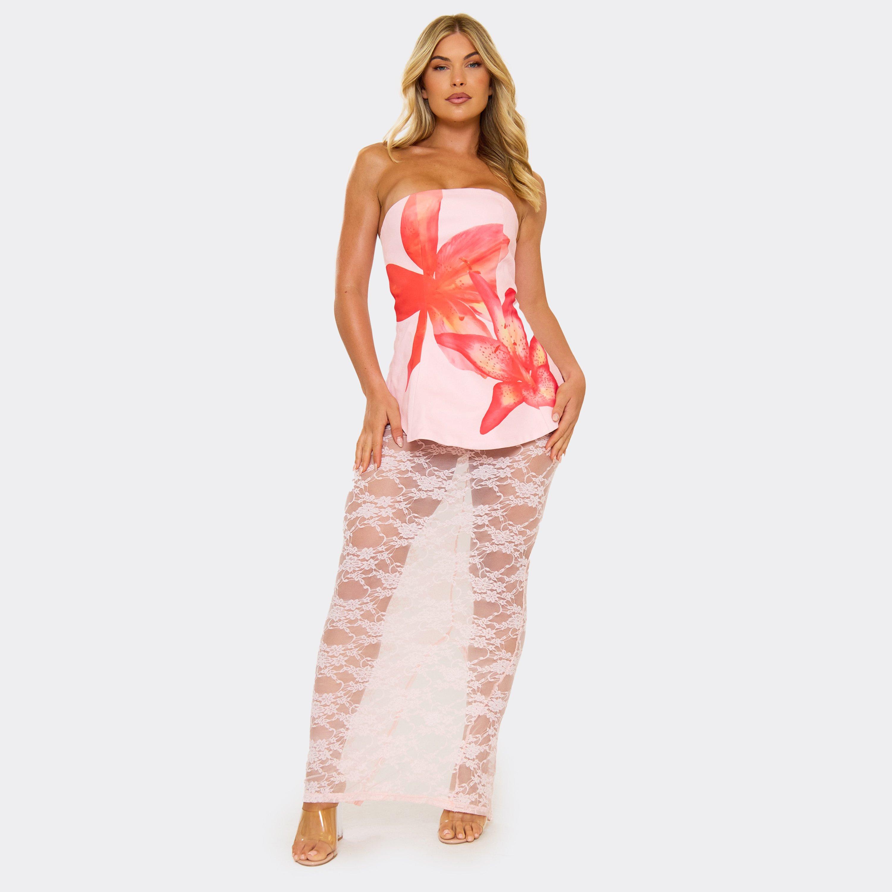 Bandeau Peplum Lace Skirt Detail Maxi Dress In Pink Floral Print, Women's Size UK 6