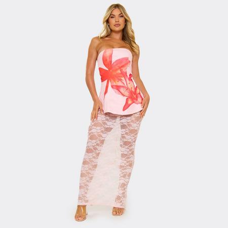 Bandeau Peplum Lace Skirt Detail Maxi Dress In Pink Floral Print, Women's Size US