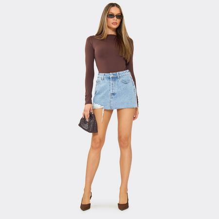 Low Rise Extreme Distressed Detail Mini Skirt In Blue Denim, Women's Size US