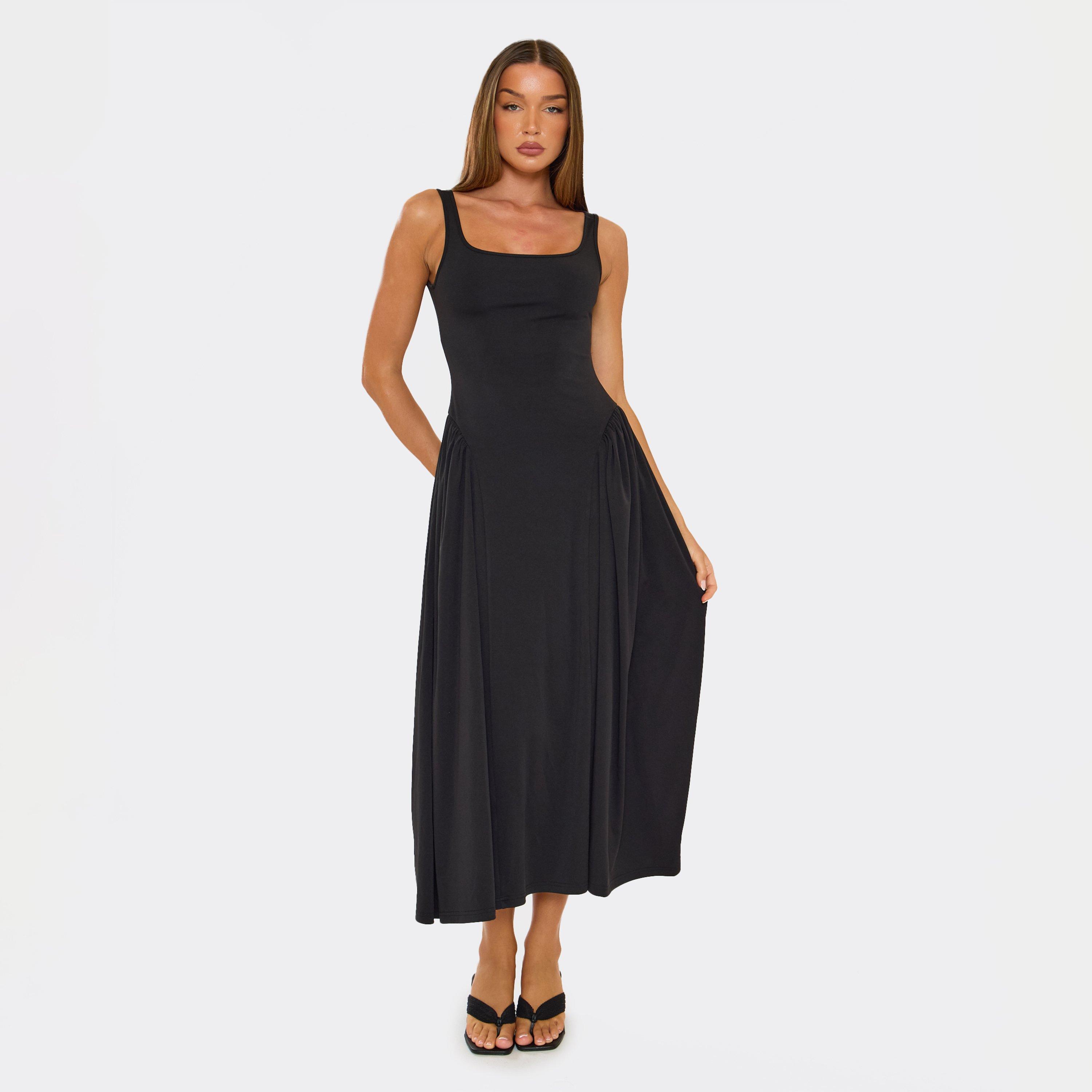 Square Neck Skater Detail Midi Dress In Black, Women’s
