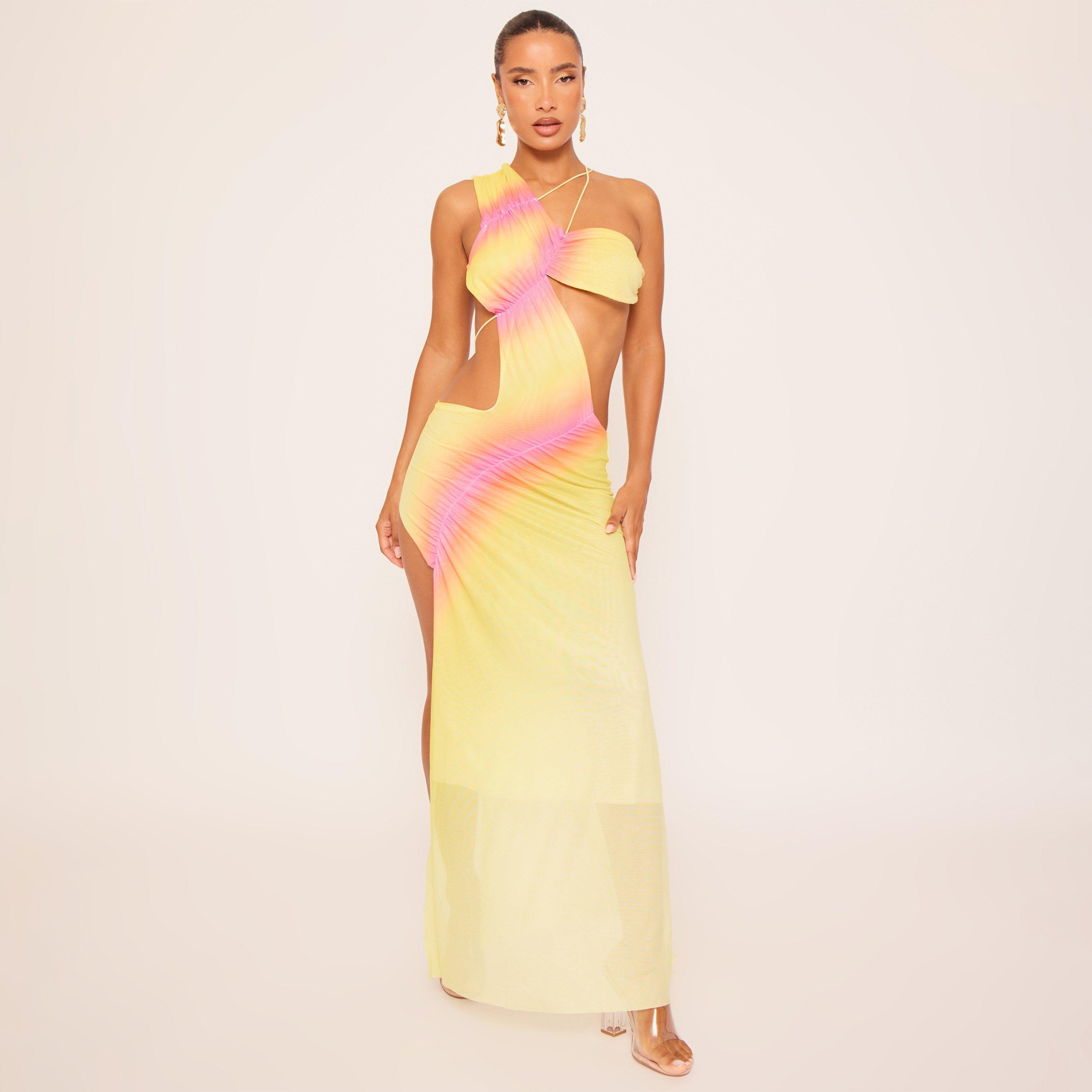 One Shoulder Draped Cut Out Maxi Dress In Multi Ombre Print, Women's Size UK L