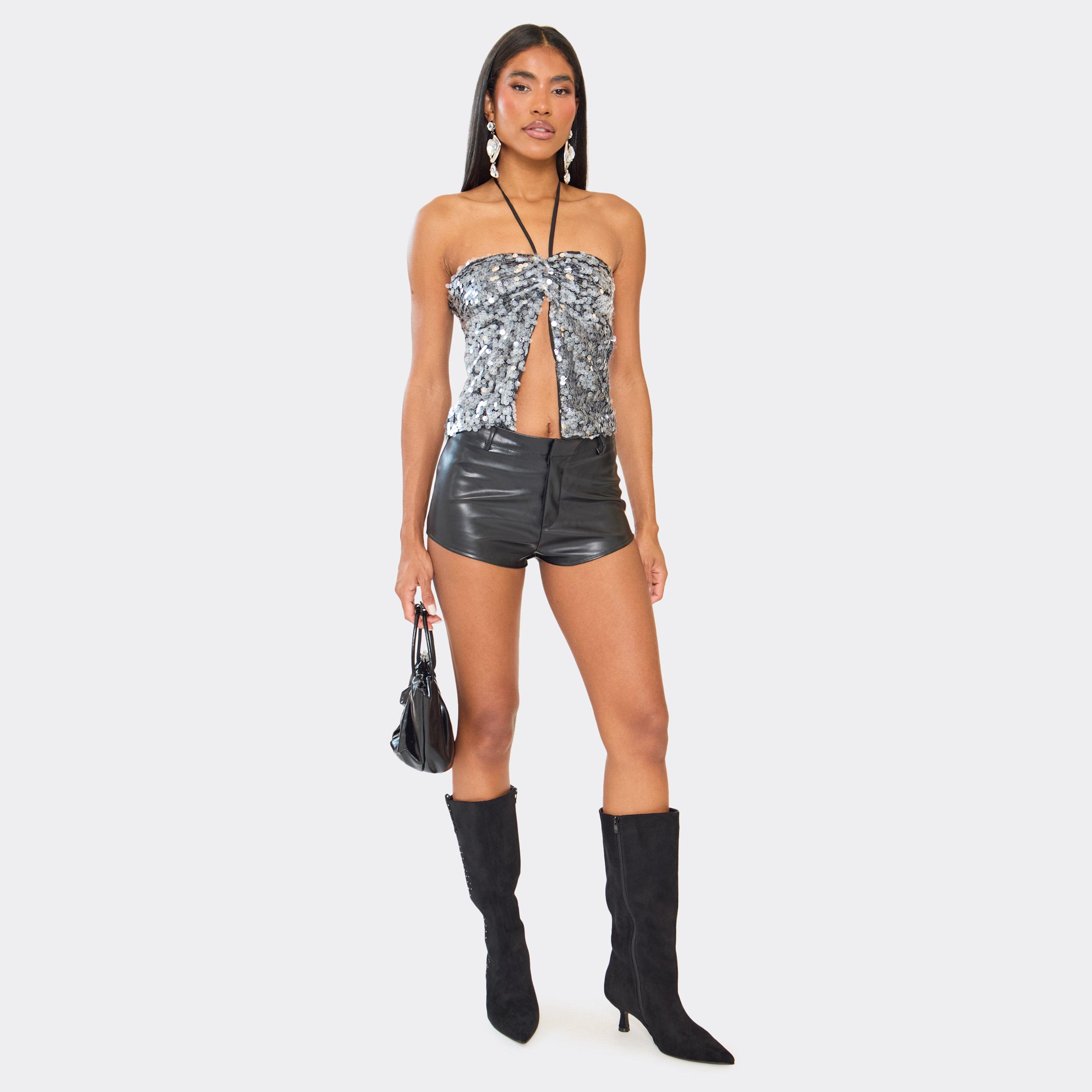 Halterneck Split Front Top In Black Sequin, Women's Size UK 12