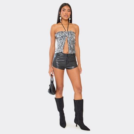 Halterneck Split Front Top In Black Sequin, Women's Size US