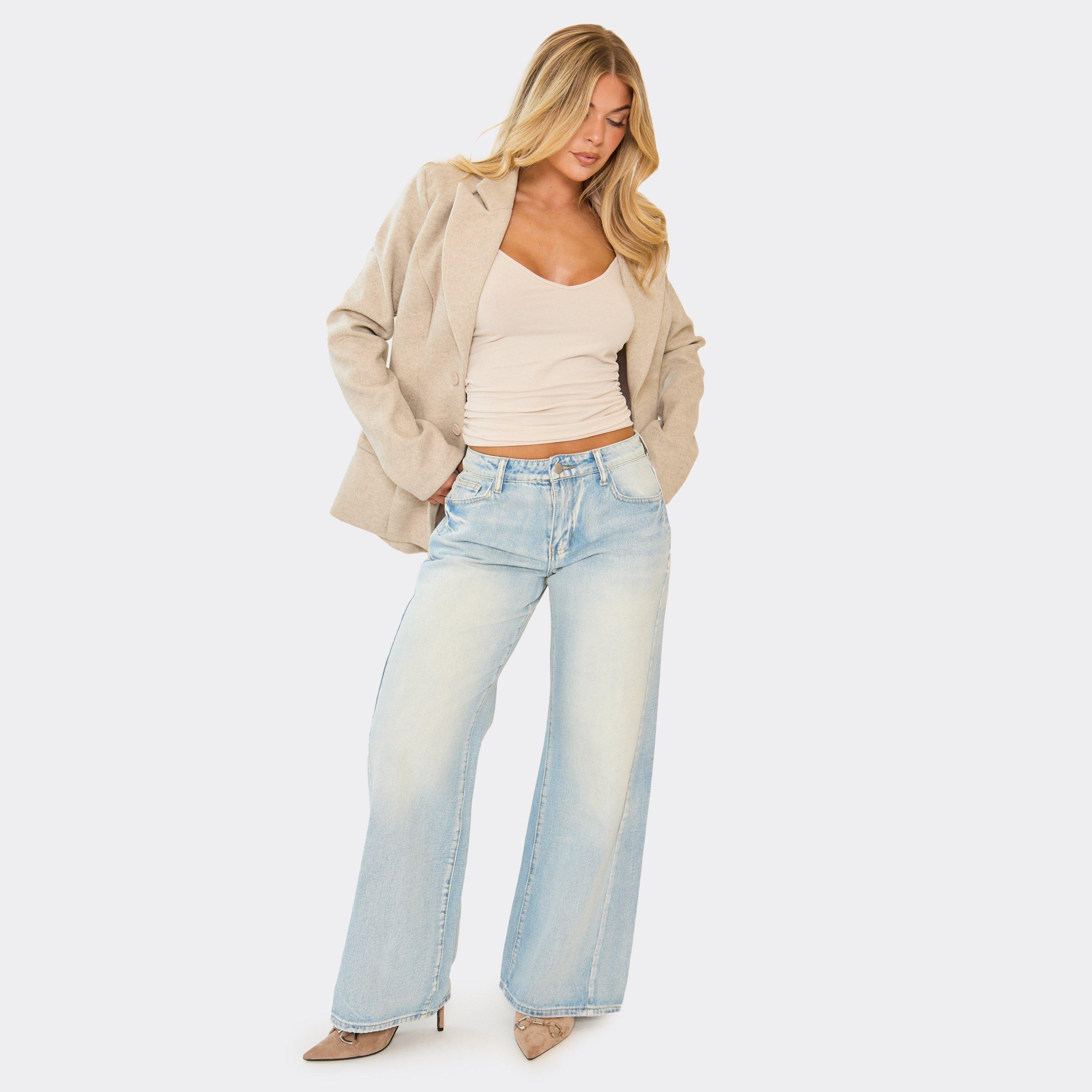 Low Rise Wide Leg Washed Detail Jeans In Light Blue Denim, Women's Size UK 6