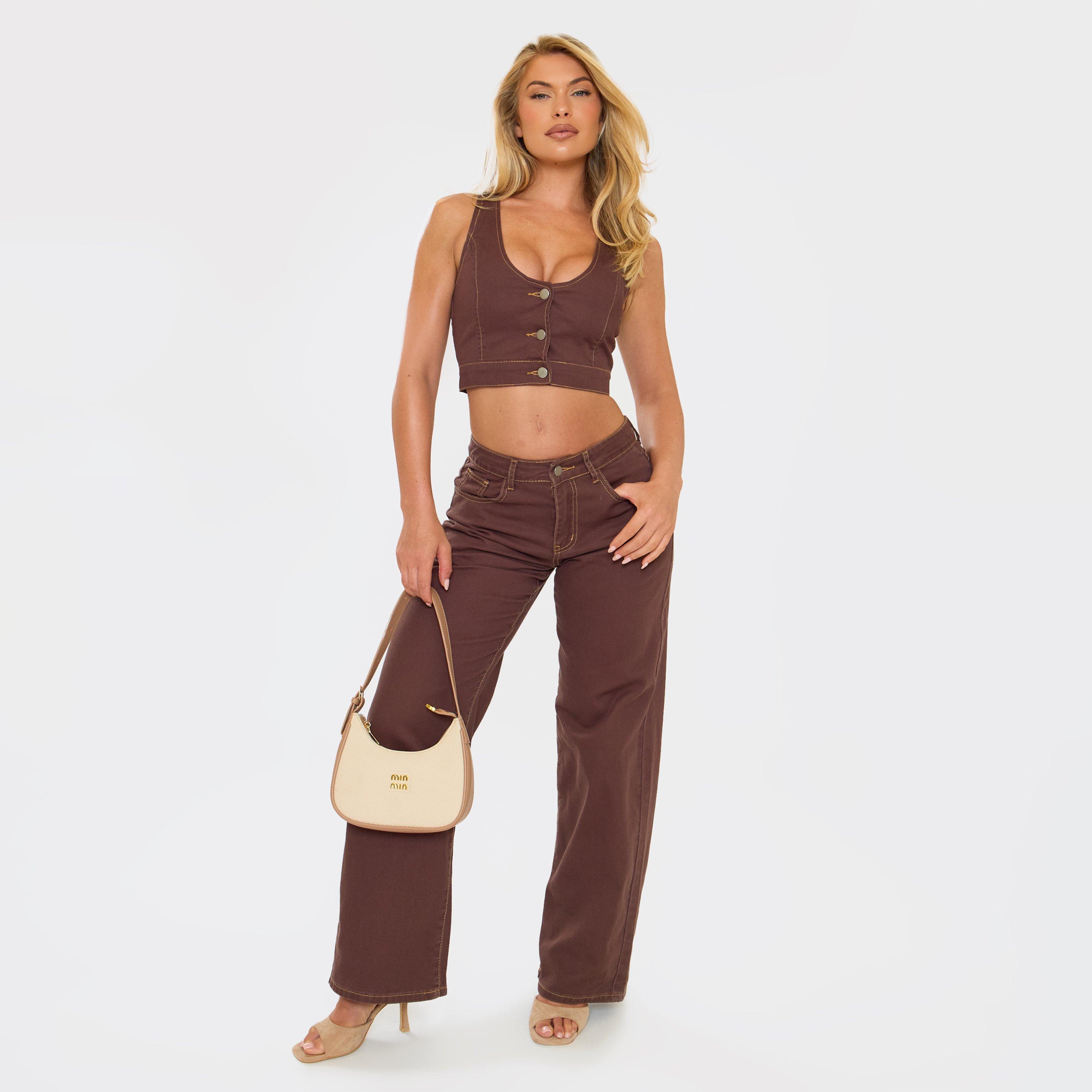 Image of Mid Rise Seam Detail Jeans In Brown Denim, Women's