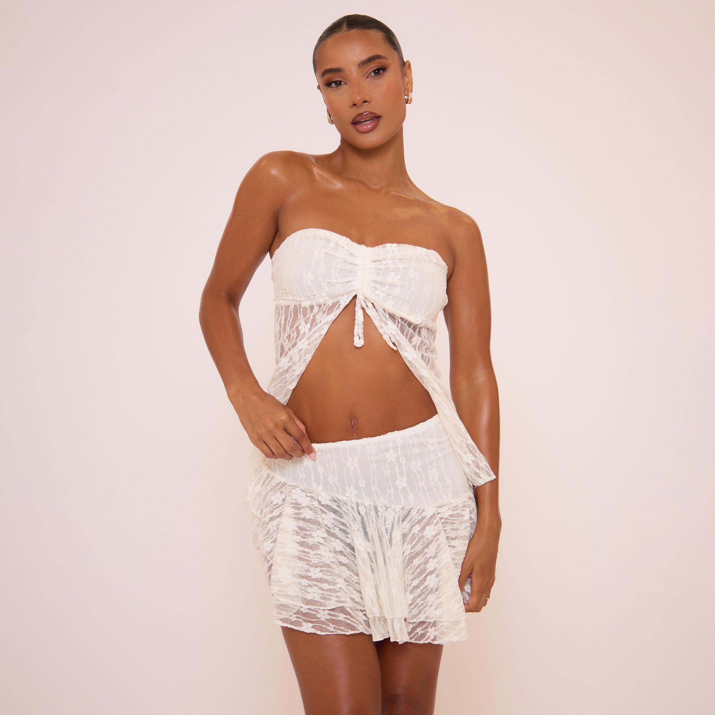 Image of Bandeau Ruched Detail Split Hem Top In Cream, Women's