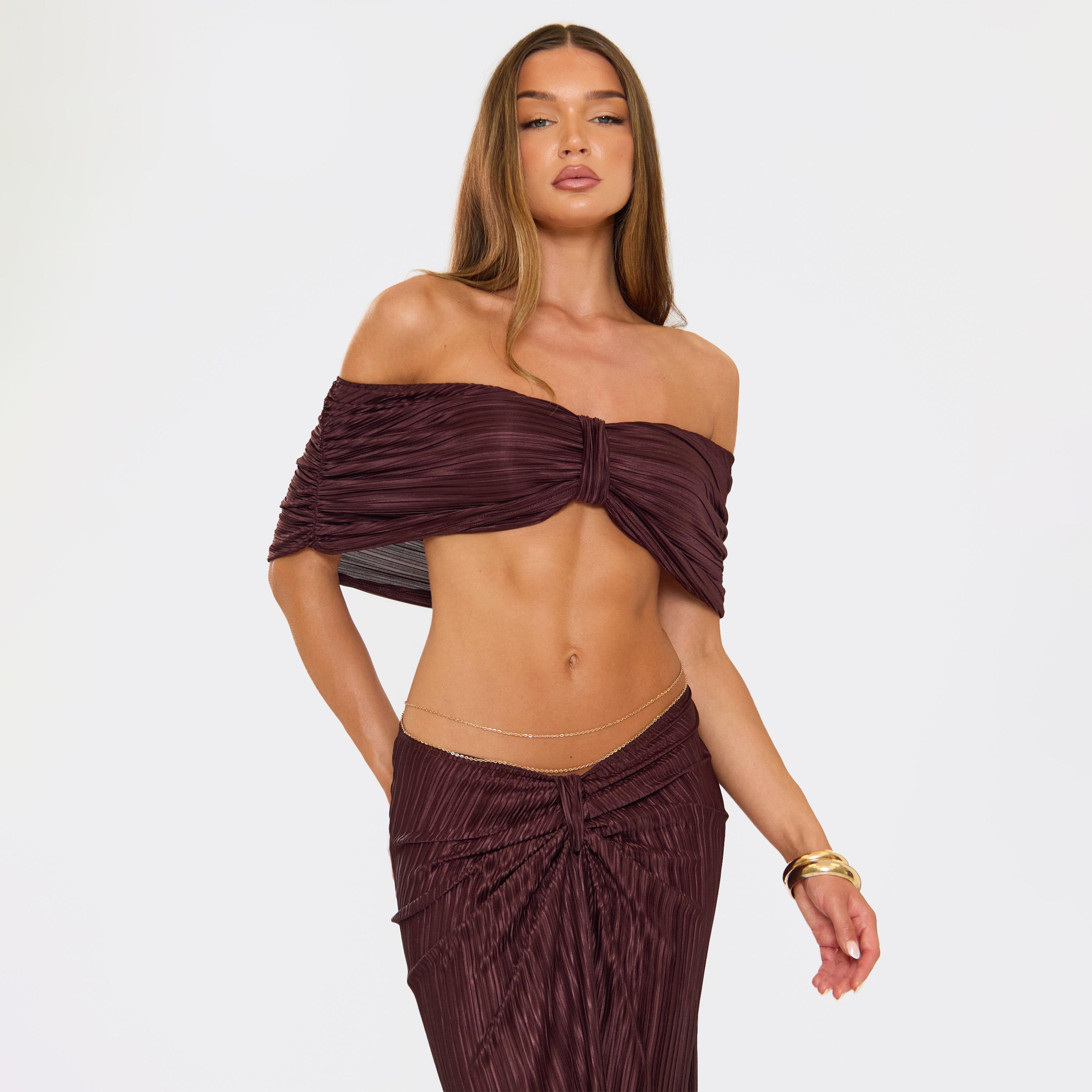 Image of Bardot Knot Front Detail Ruched Crop Top In Brown, Women's