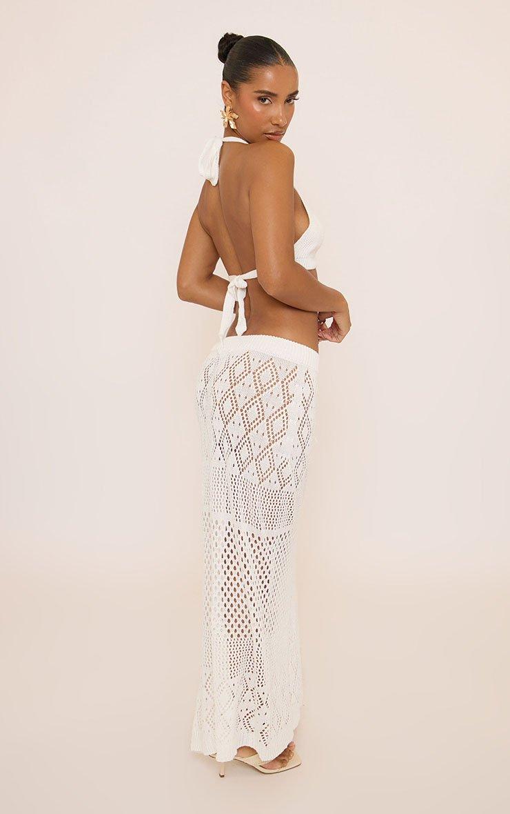 Halterneck Crop Top And Maxi Skirt Co-Ord Set In White Crochet