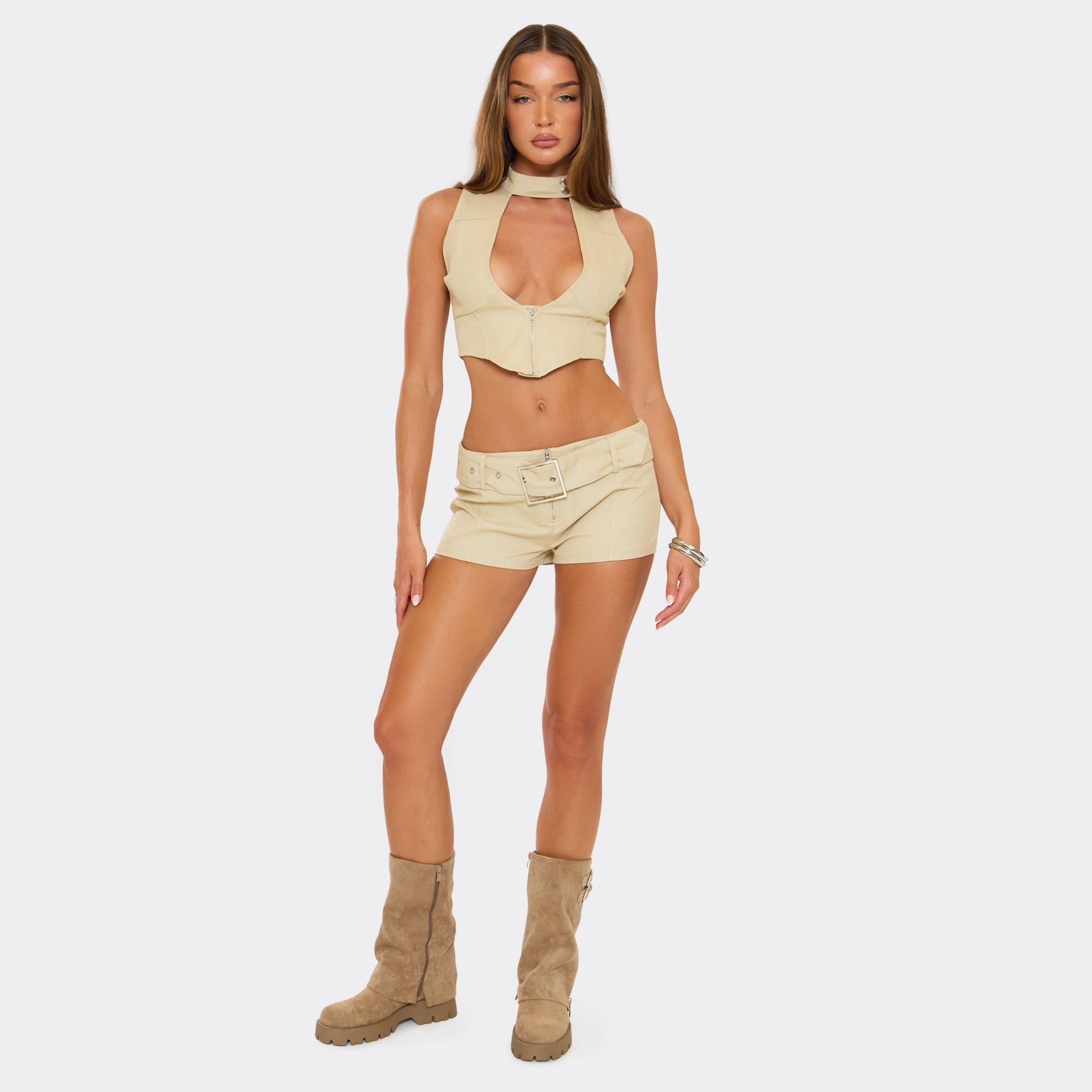 Low Rise Zip Up Front Belted Hot Pants In Cream, Women’s