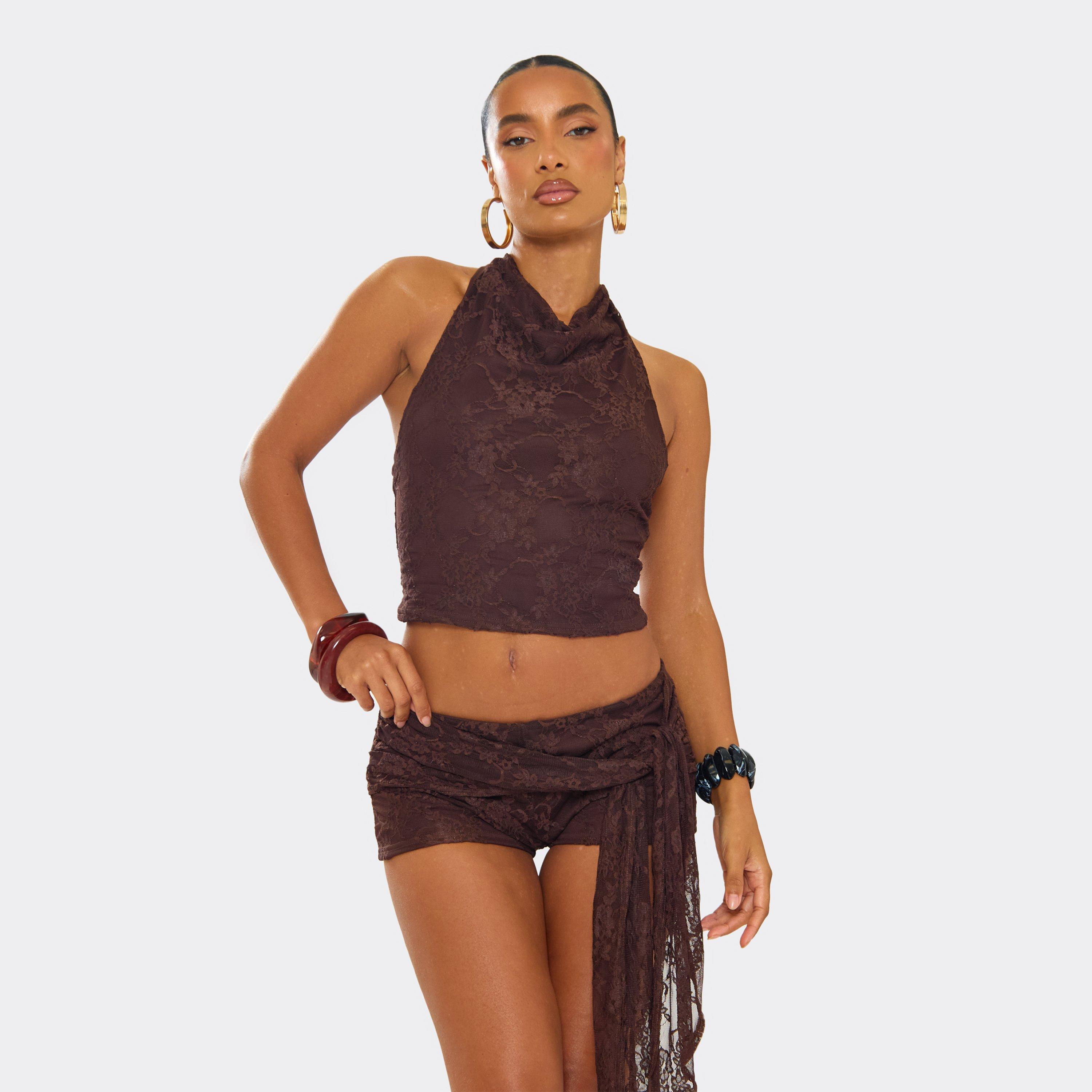 Image of Halterneck Open Back Detail Top In Brown, Women's