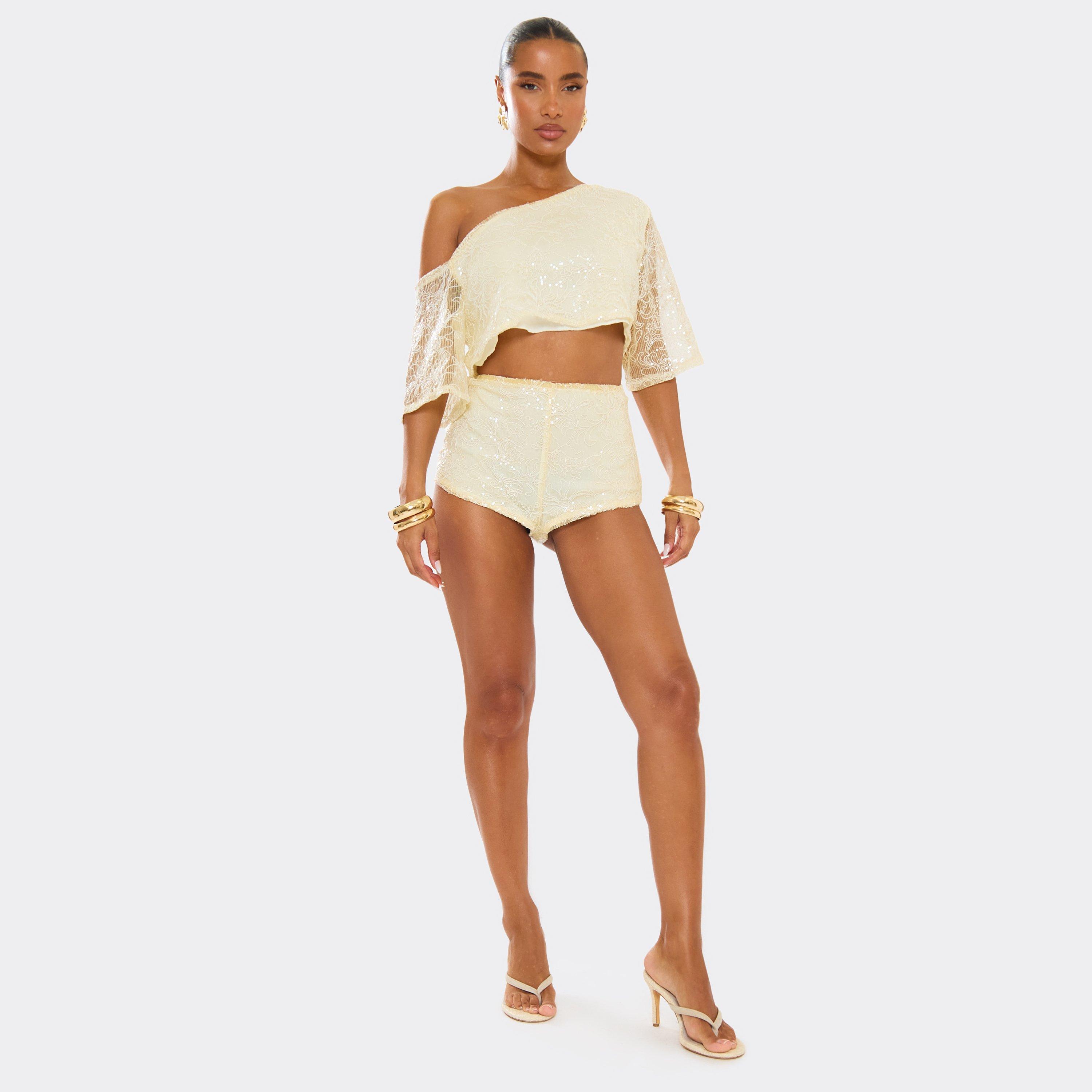 High Waisted Hot Pants In Lemon Sequin, Women’s