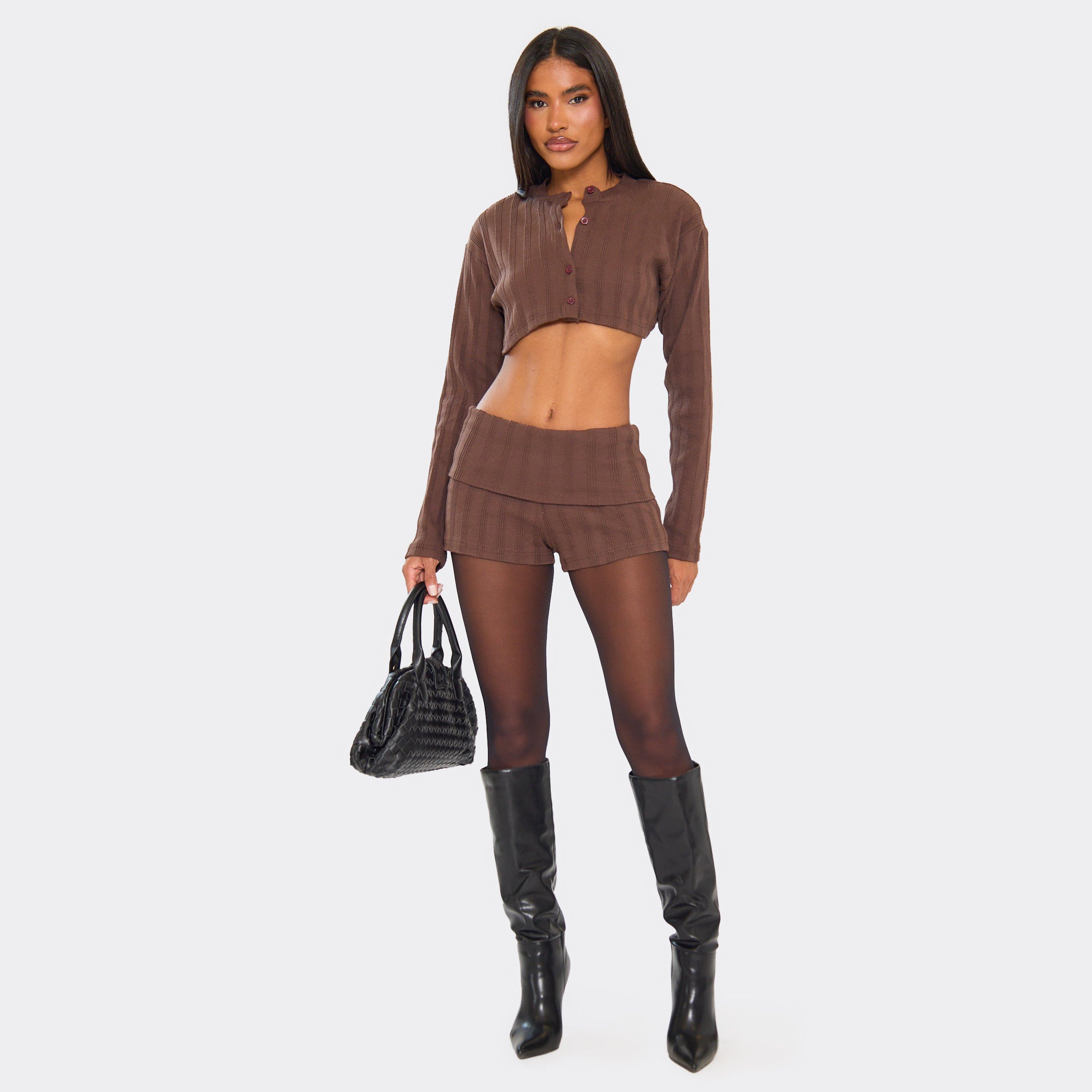 Fold Over Hot Pants In Brown Ribbed, Women’s