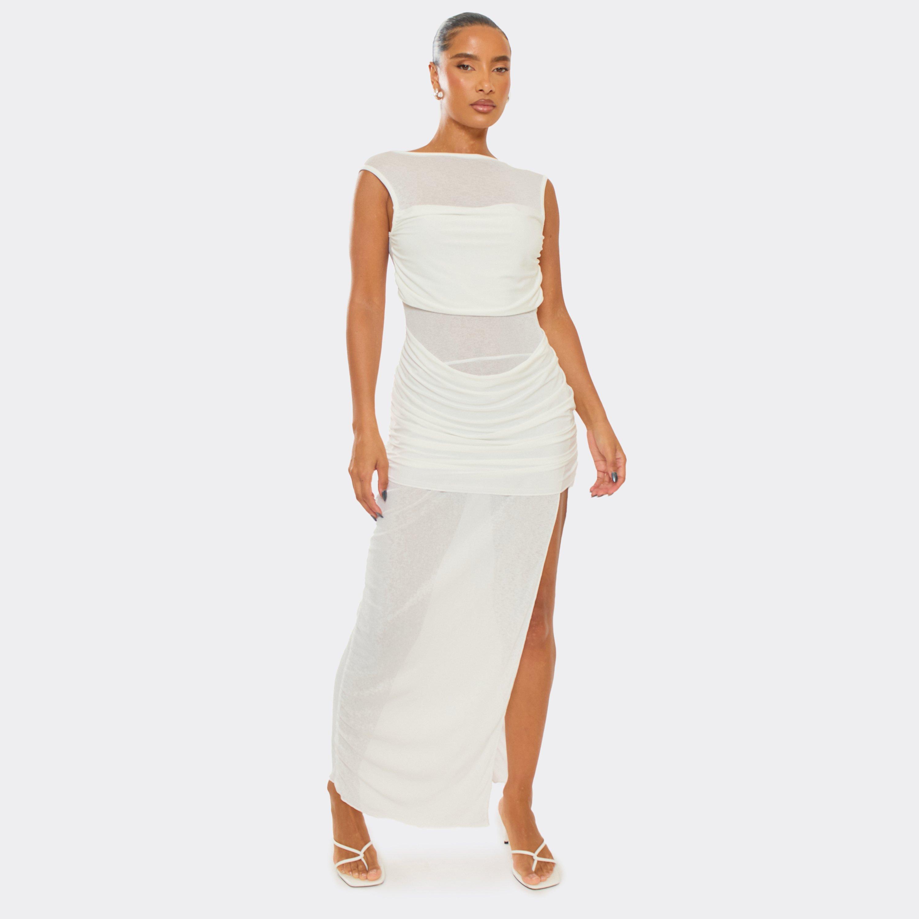 High Neck Ruched Overlay Detail Side Split Maxi Dress In White, Women’s