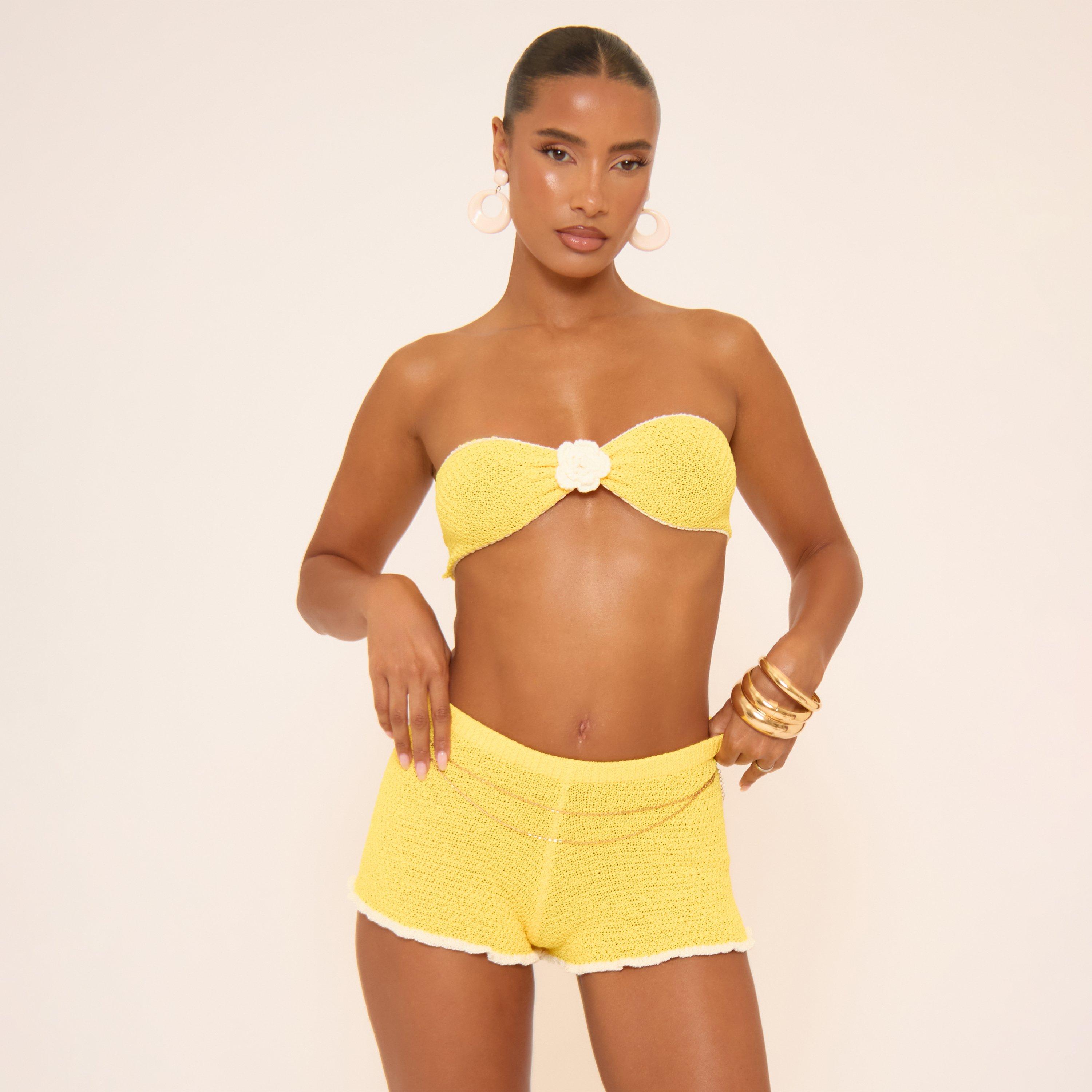 Bandeau Contrast Flower Trim Detail In Yellow Crochet Knit, Women’s
