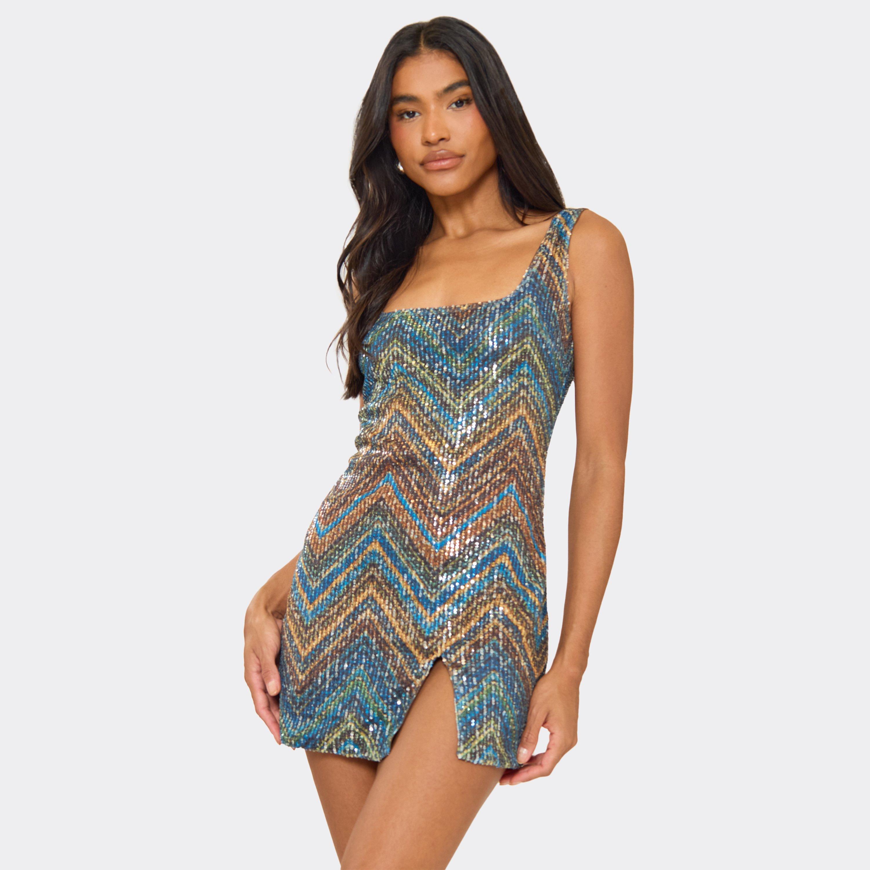 Square Neck Split Hem Detail Mini Dress In Multi Printed Sequin, Women’s