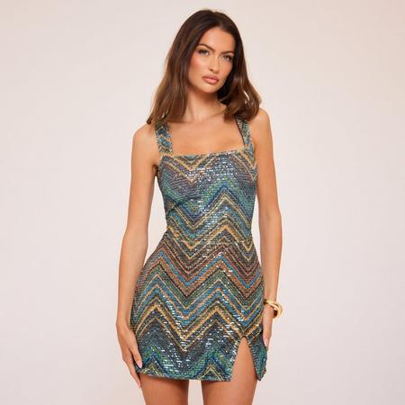 Square Neck Side Split Detail Mini Dress In Multi Printed Sequin, Women's Size US