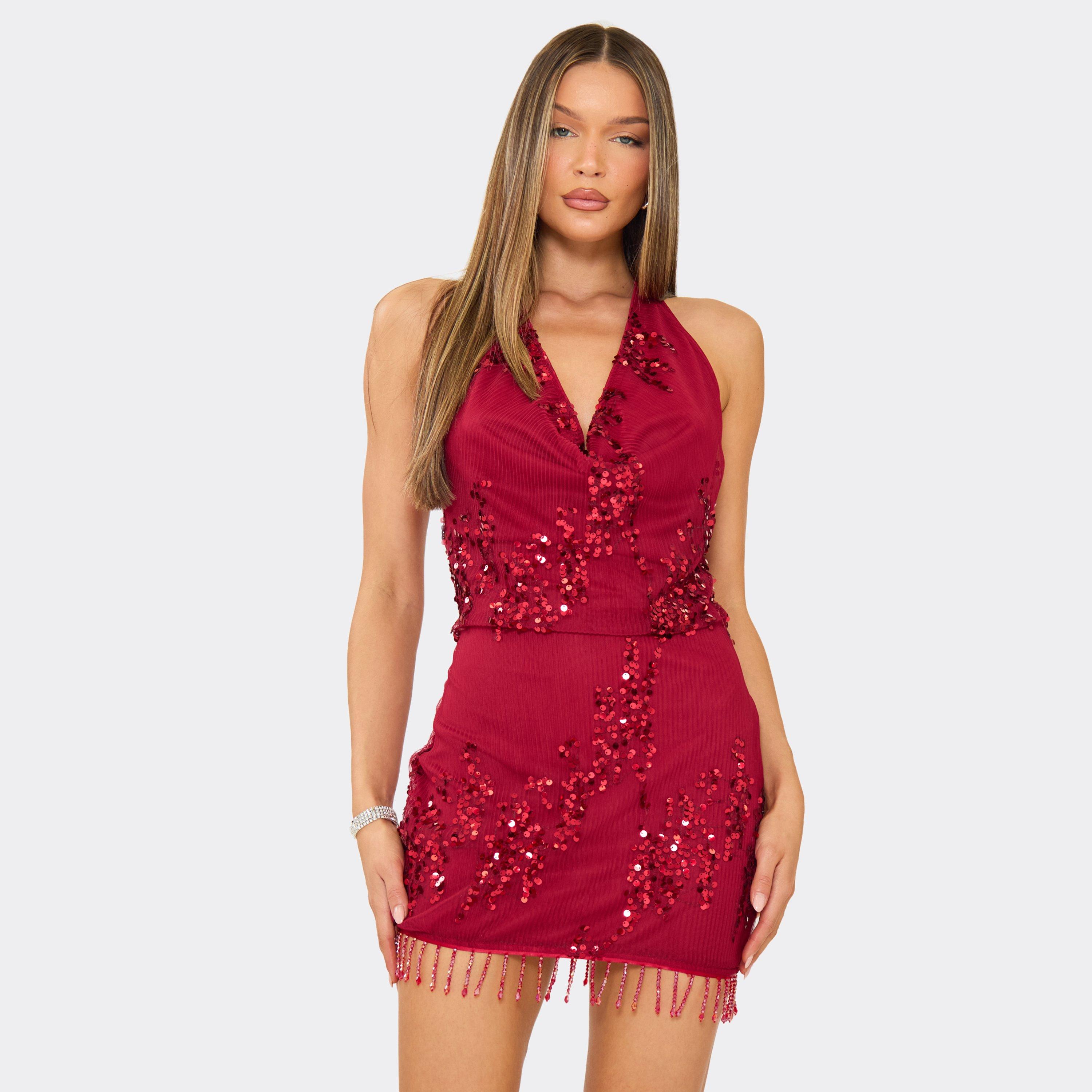 Cowl Halterneck Tassel Trim Mini Dress In Red Sequin, Women’s