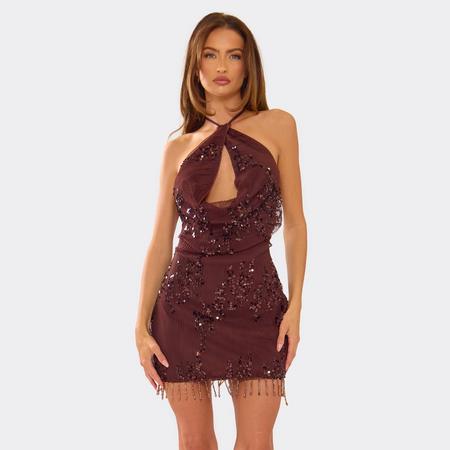 Cowl Halterneck Tassel Trim Mini Dress In Brown Sequin, Women's Size US
