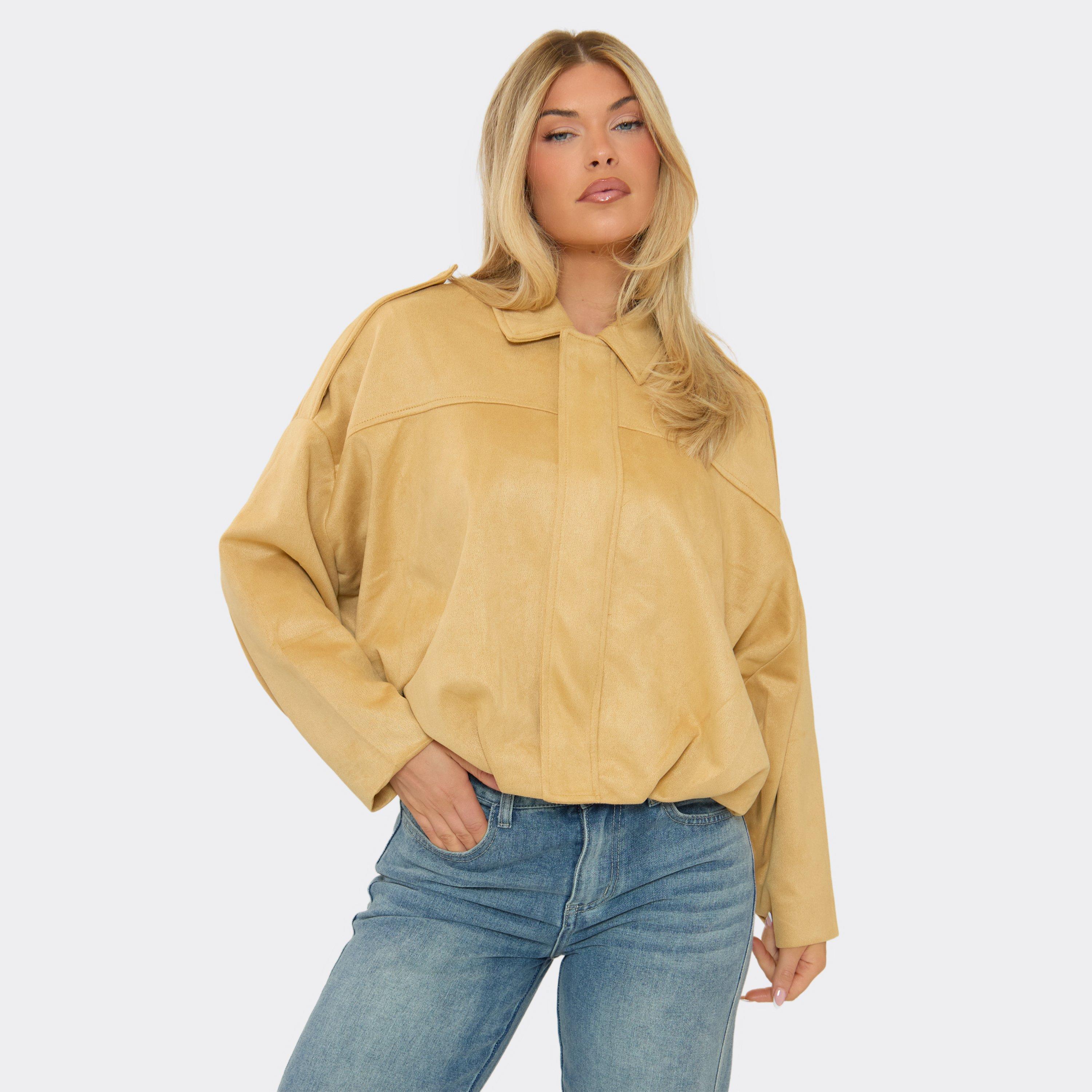Long Sleeved Zip Front Collared Detail Bomber Jacket In Mustard Faux Suede, Women’s