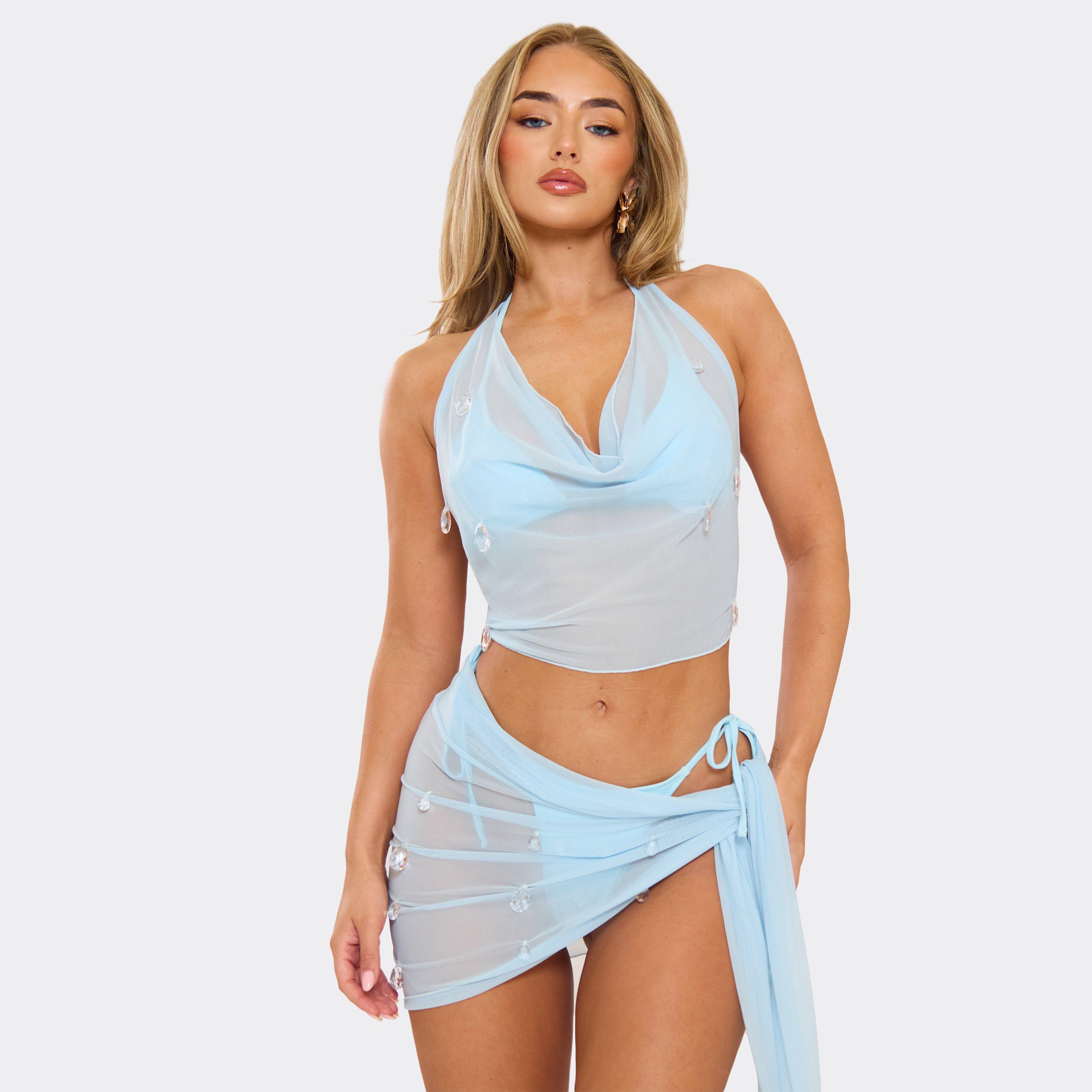 Image of Cowl Neck Embellished Top In Blue Mesh, Women's