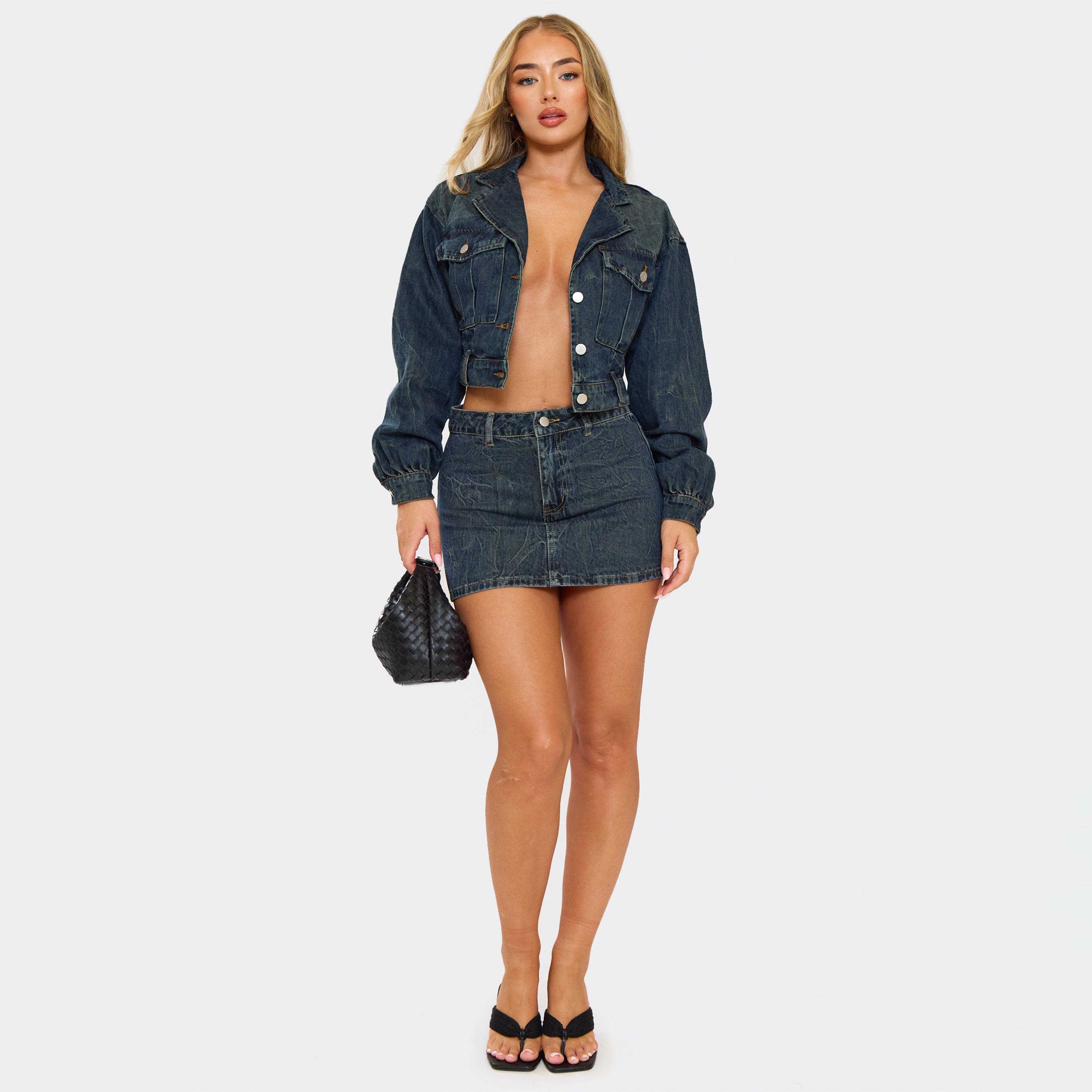 Mid Rise Mini Skirt In Dark Washed Blue Denim, Women’s