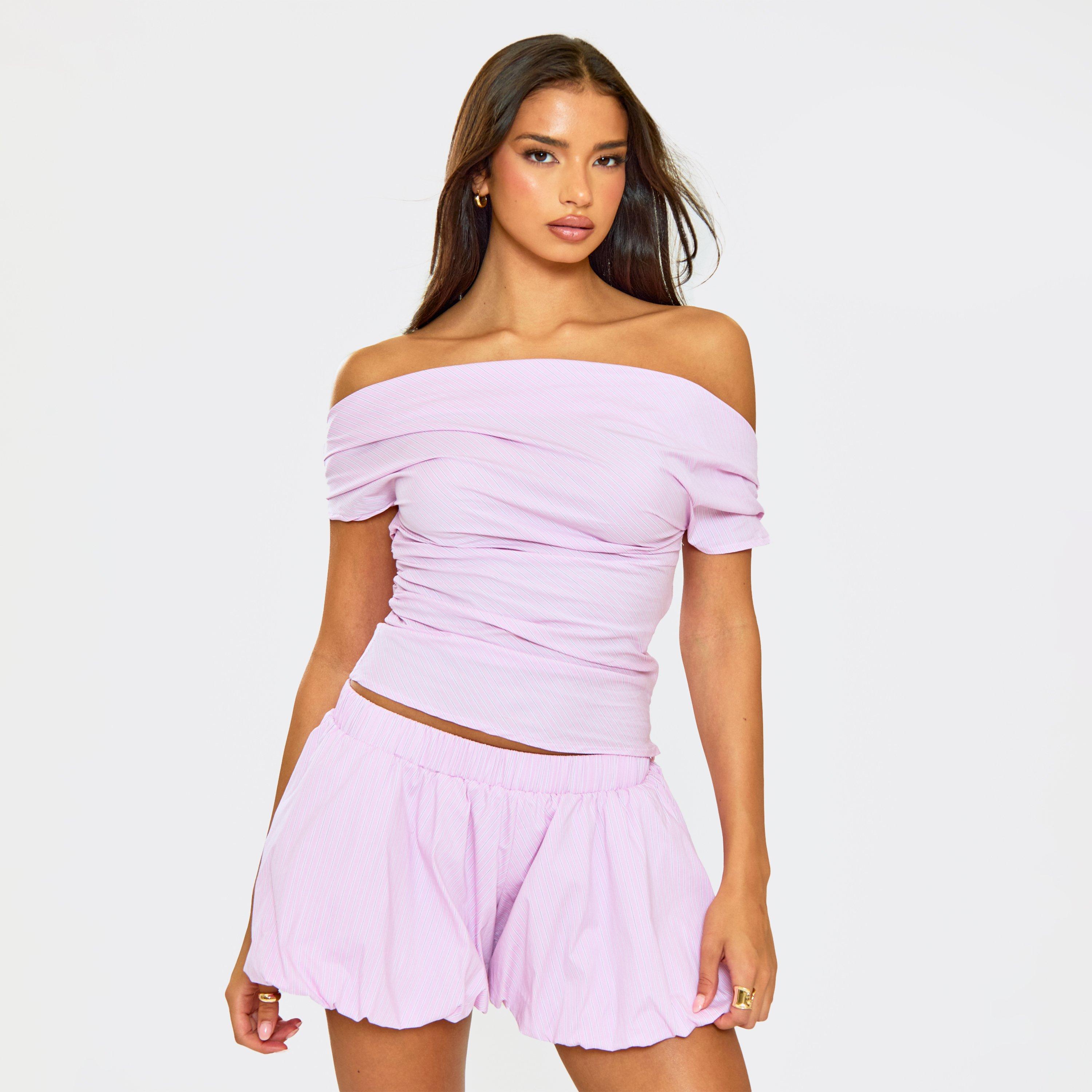 Image of Bardot Asymmetric Ruched Top In Pink Stripe, Women's